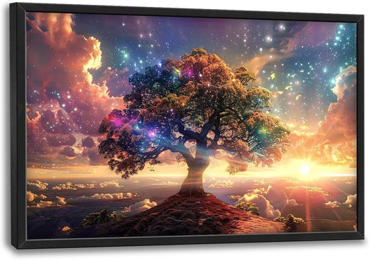 Tree Sunrise Large Wall Art Tree of Life Pictures Foggy Mountain Landscape Wall Starlight Nature Decor Canvas Print Painting Artwork for Bathroom Living Room Bedroom 36L" x 24W"