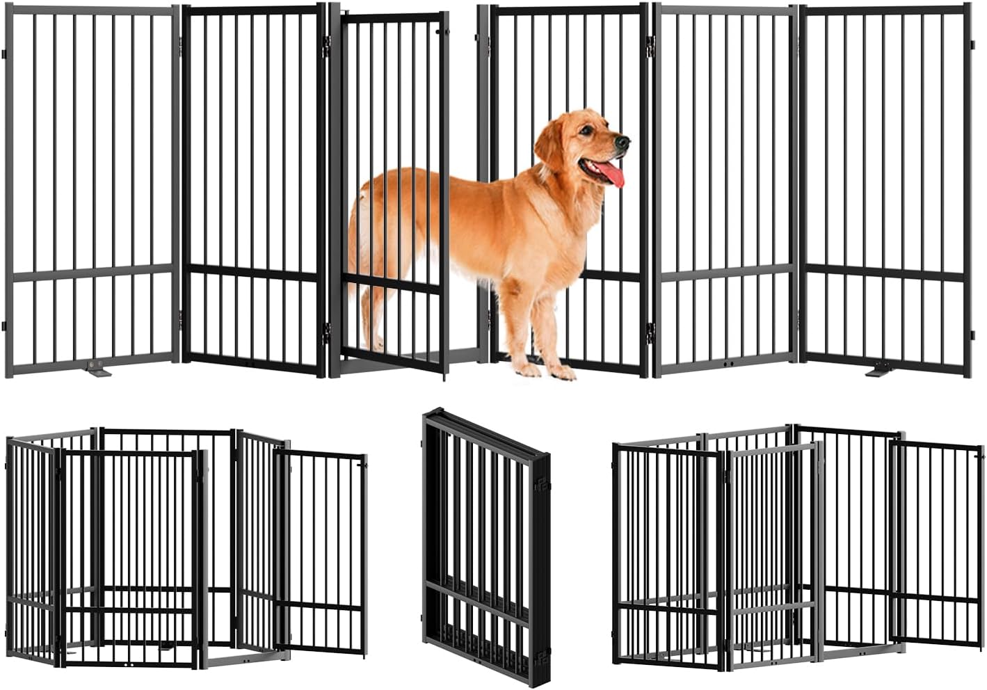 Full Metal Freestanding Dog Gate with Door, 32''Height Foldable Pet Dog Fence for Indoor & Outdoor, 6 Panels Extra Wide Free Standing TallDog Gates for Doorways,House,Stairs,Porch,Deck,Yard