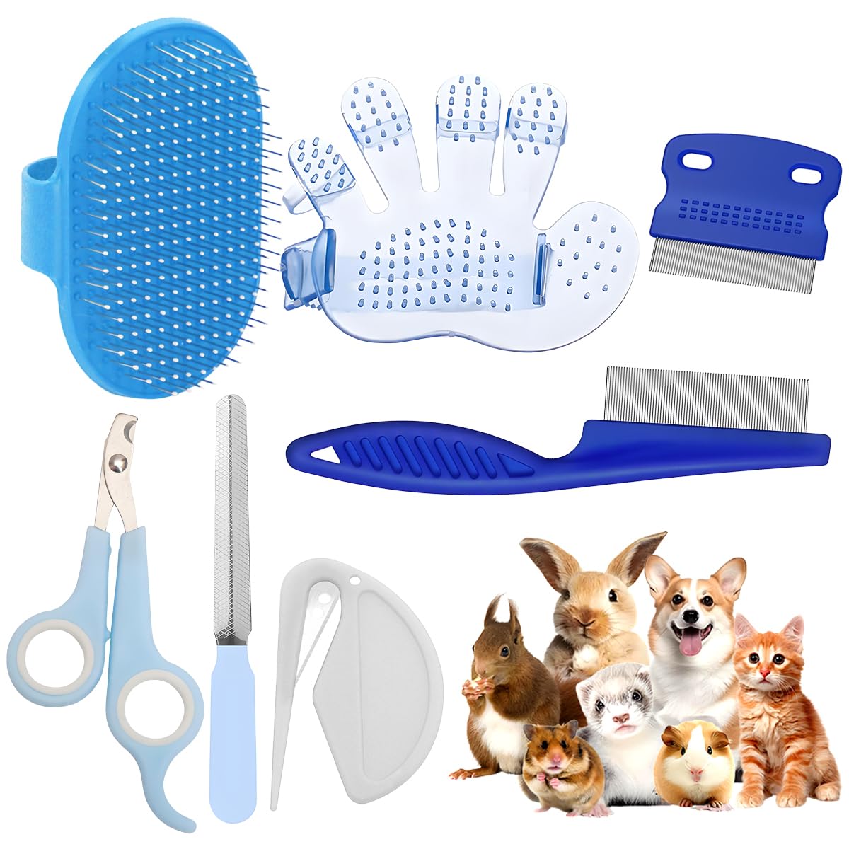 Rabbit Grooming Kit – Bunny Grooming Kit with Shedding Brush, Nail Clippers & Comb – Small Animal Grooming Supplies for Rabbits, Guinea Pigs, Hamsters, Ferrets - Small Pet Shedding & Care (Blue)