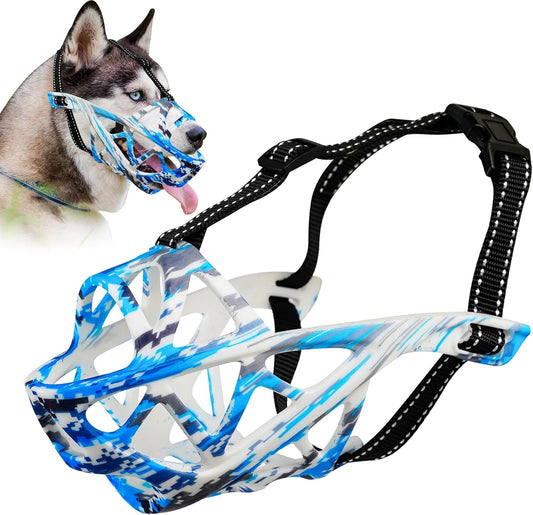 Dog Muzzle for Large Dogs, Breathable Basket Muzzles for Small, Medium and X-Large Aggressive Dog, Allows Panting Drinking, Suitable for Grooming Trimming Training (Camouflage Blue, XL)