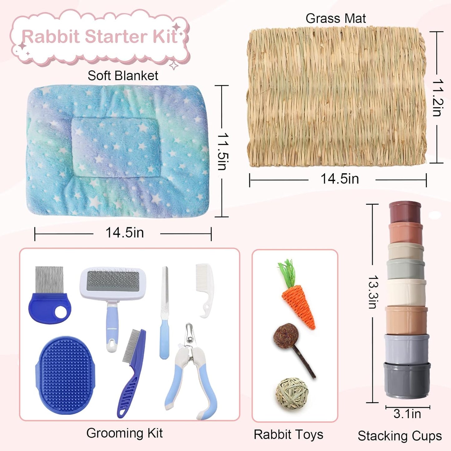 25 Pcs Large Rabbit Starter Kit, Bunny Litter Box with Drawer Animal Grooming Kit Stacking Cups Bowl Blankets Mat with Cleaning Set for Adult Guinea Pig, Ferret, Hamster, Bunnies Accessories (Blue)