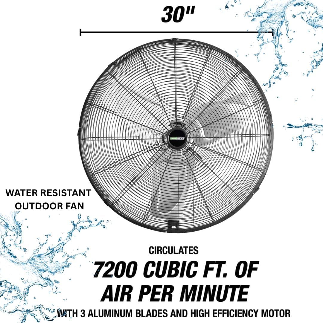 OEMTOOLS 30" Outdoor Wall Mount Fan, 80° Oscillating Fan 7200 CFM Max, Water Resistant, Use in Garage, Gym, Warehouse, Factory and Jobsite
