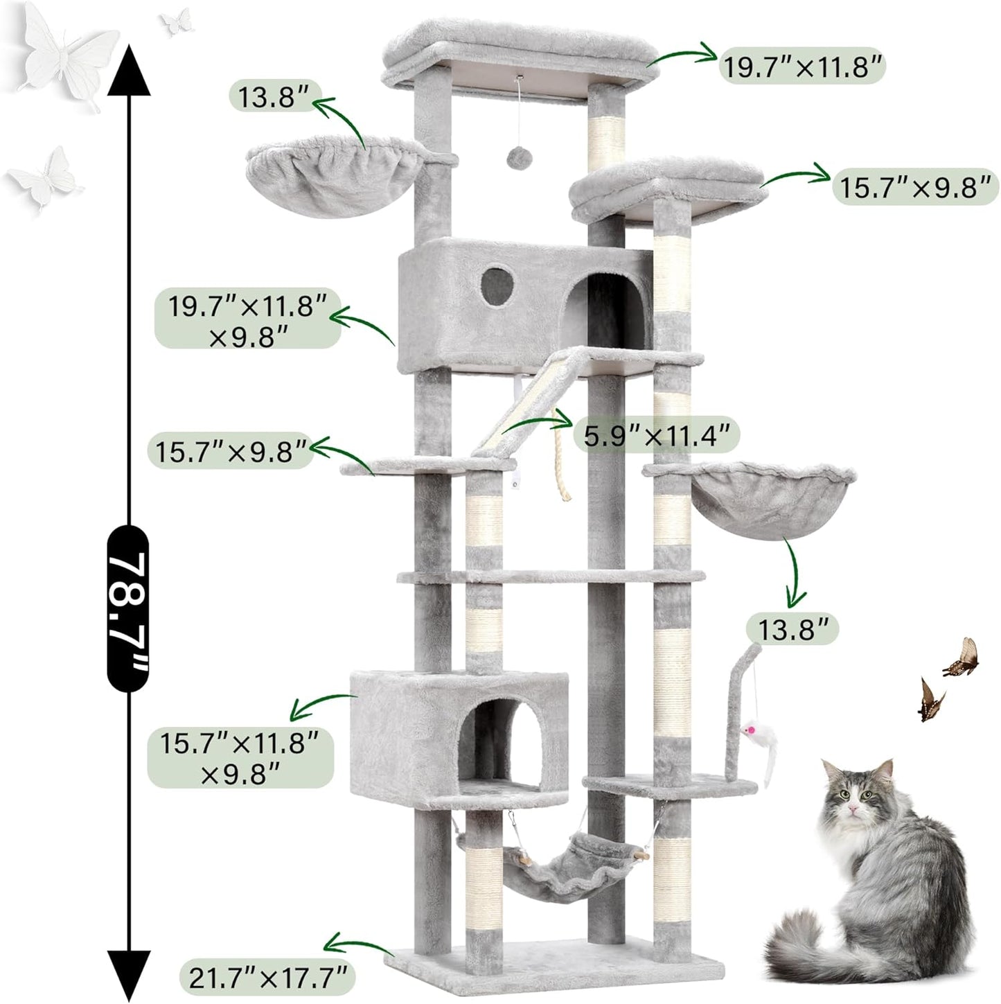 Cat Tree for Large Cats, 78.7"(200cm) Tall Cat Tower for Indoor Cats Multiple Cats with Large Top Perch, Cat Condo, Cat Hammcok, Cat Scratching Post, Light Gray GCT031W
