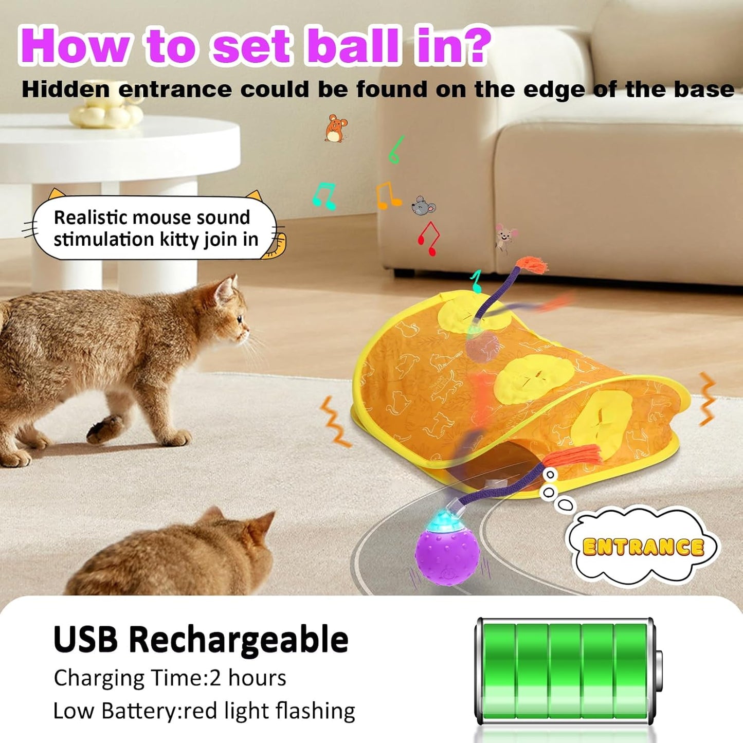 Interactive Cat Toys Mouse Ball, Motion Activated Cat Ball Super Fast in Mice Holes Cat Tent Tunnel