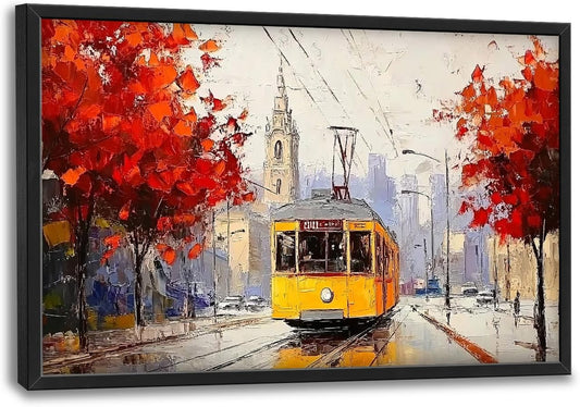Large Cityscape Wall Art for Living Room, Framed Oversized Urban Tram Wall Decor Tree Landscape Canvas Painting Modern Artwork for Living Room Bathroom Bedroom Office Dining Room 36"x24"