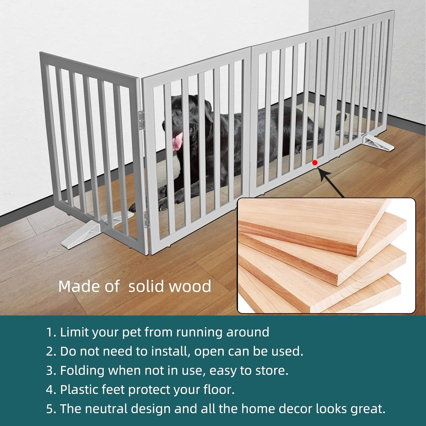 ZJSF Freestanding Indoor Dog Gate for House Foldable Wood Puppy Gate for Doorways Pet Gate for Stairs Extra Wide Pet Fence, Grey, 24" Height 4 Panels