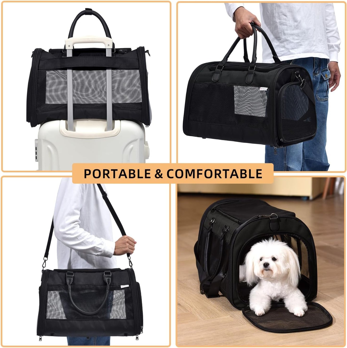 PET MARVEL Cat Carrier Soft Sided Large for Pet Dogs up to 25 Lbs, Airline Approved Mesh Pet Travel Bag, Breathable Bite-Resistant Fabric with Removable Washable Mat