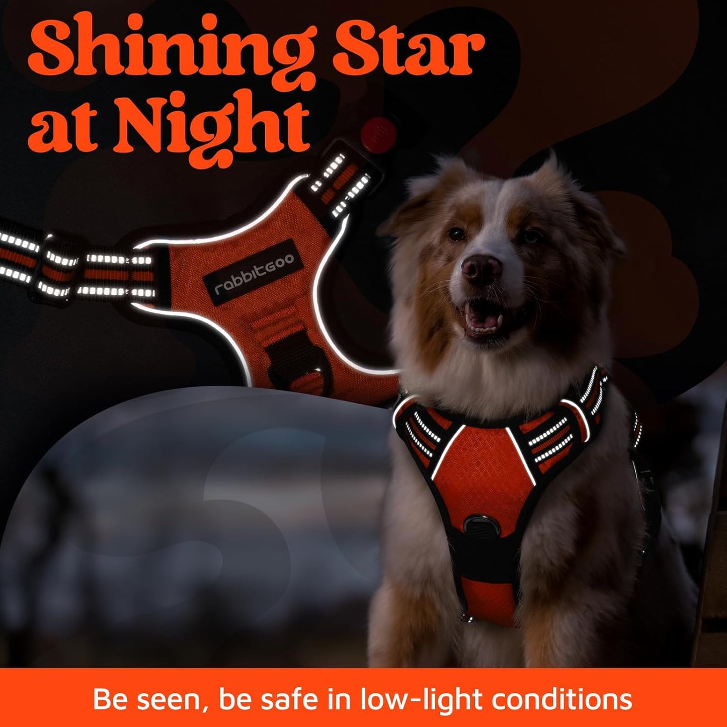 rabbitgoo Dog Harness for Large Dogs, No Pull Pet Vest with 3 Buckles, Adjustable Soft Padded Pet Harness with Easy Control Handle and Reflective Strips, Orange, L