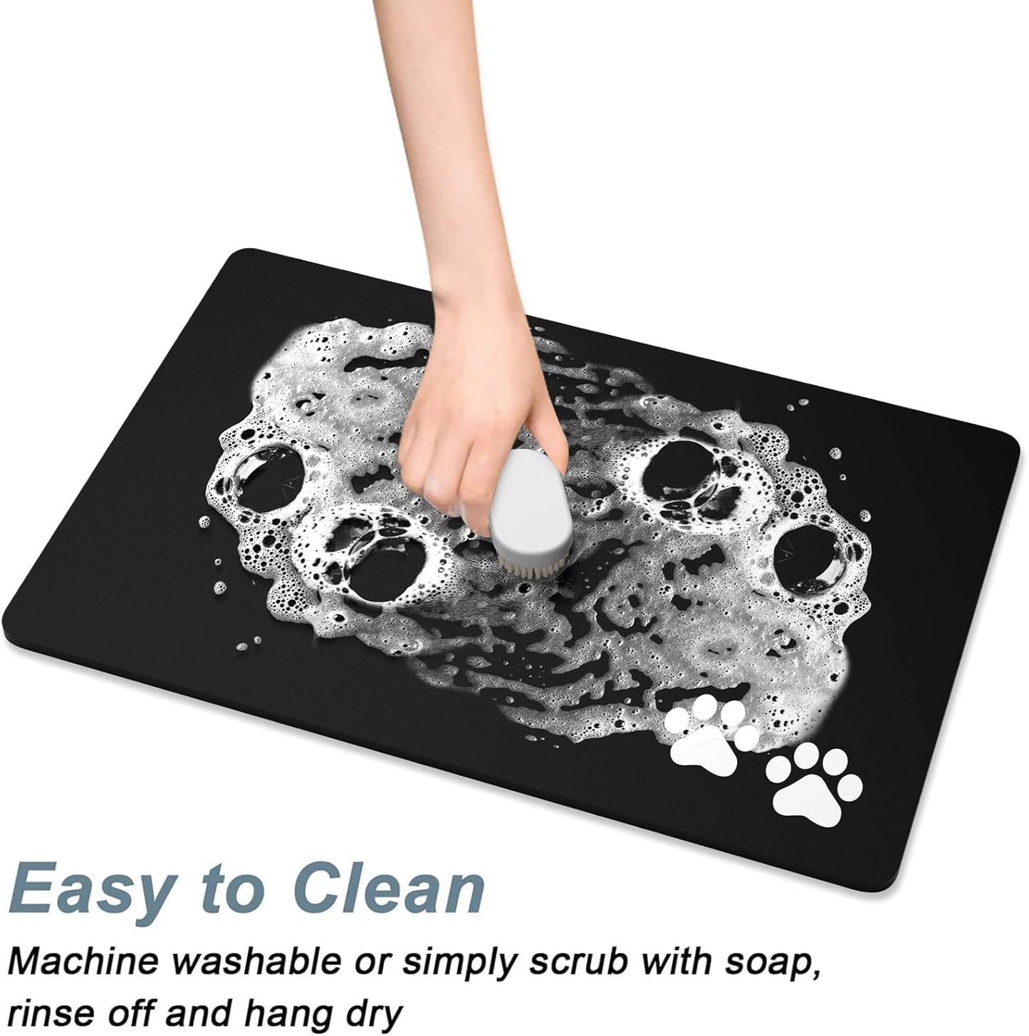 Rnivvi Dog Food Mat, 12" x 19" Footprint Absorbent Dog Cat Bowl Mat for Food and Water, Cute Anti-Slip Rubber Pet Feeding Rug Protect Floors, Puppy Placemat for Feeding & Watering Supplies, Black