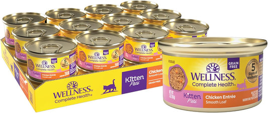 Wellness Complete Health Pate Kitten Wet Cat Food, Natural, Protein-Rich, Grain Free, 3 Ounce, 24 Pack, (Chicken)