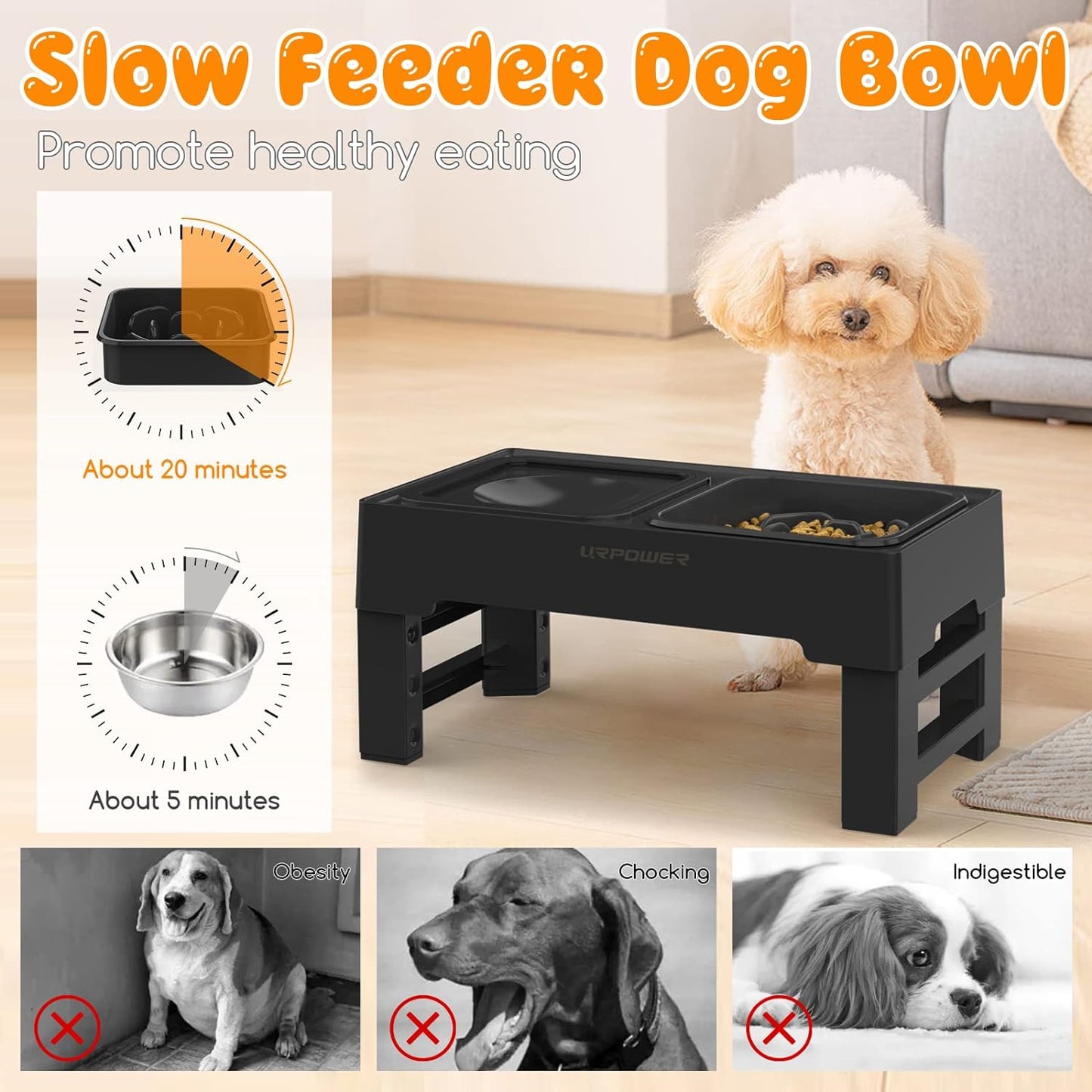 URPOWER 2-in-1 Elevated Slow Feeder Dog Bowls with No Spill Dog Water Bowl 4 Height Adjustable Raised Dog Bowl Non-Slip Dog Food and Water Bowls with Stand for Small Medium Large Dogs, Cats and Pets