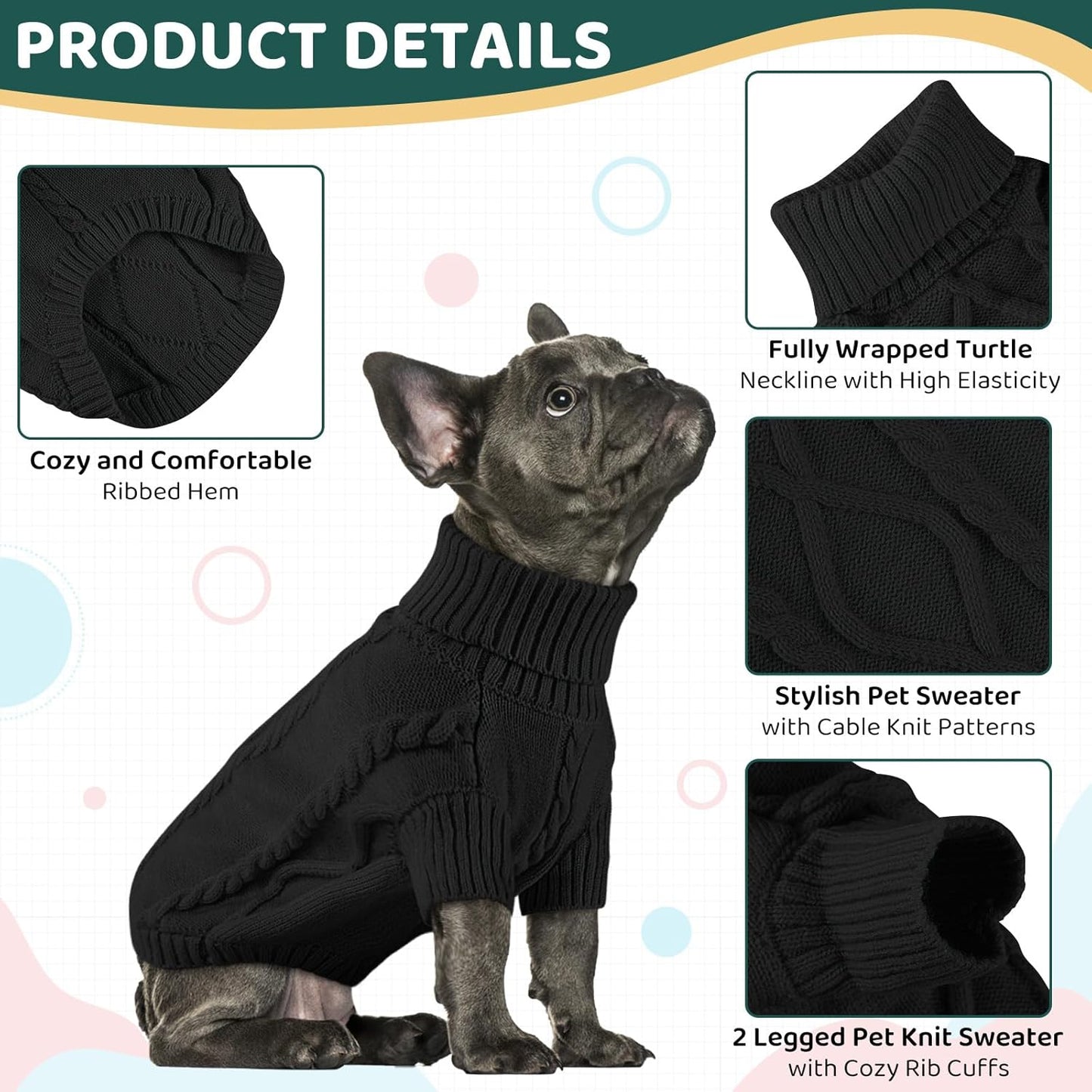 Queenmore Small Dog Pullover Sweater, Cold Weather Cable Knitwear, Classic Turtleneck Thick Warm Clothes for Chihuahua, Bulldog, Dachshund, Pug (Black, X-Large)