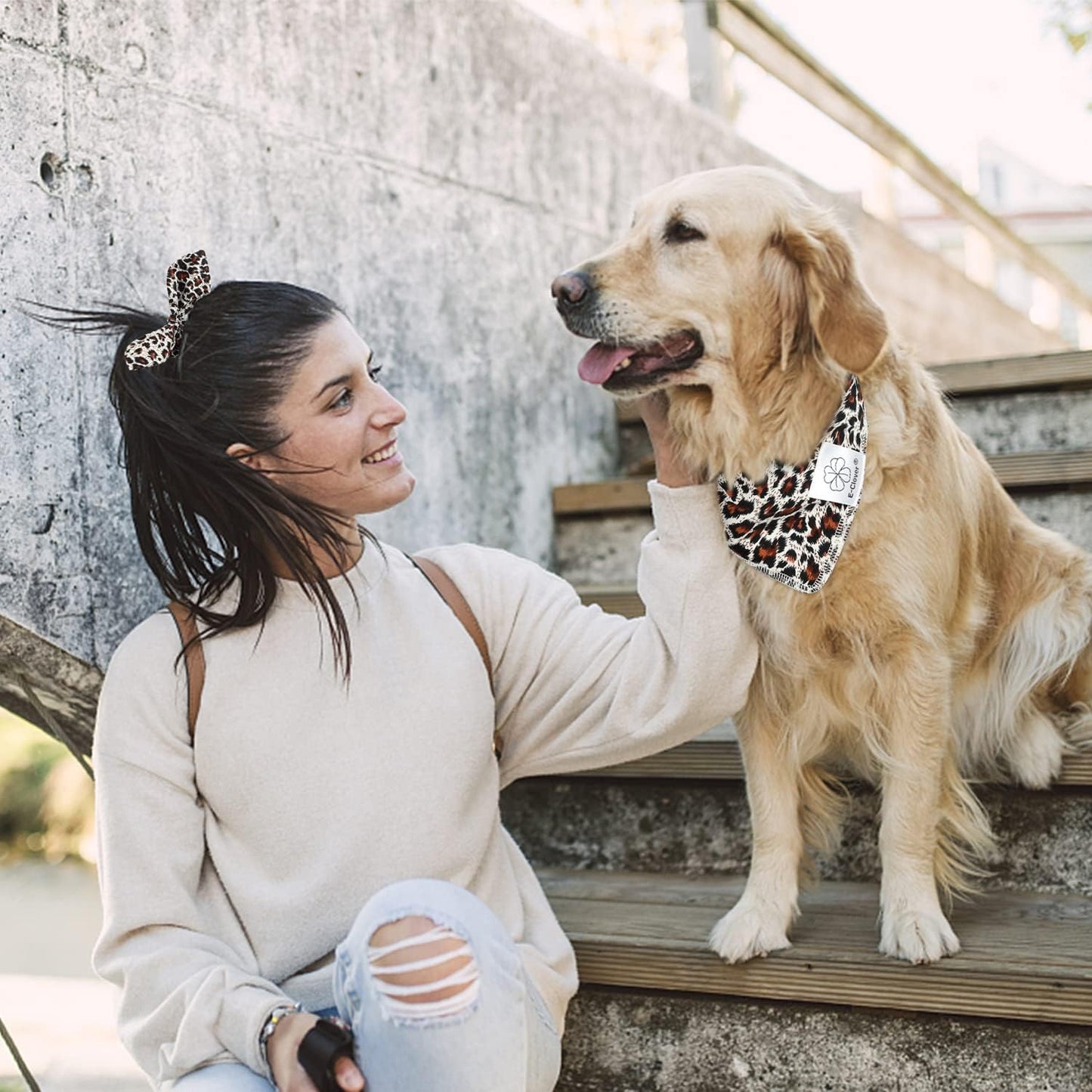 E-Clover Dog Bandanas Boy & Matching Scrunchie Set Leopard Dog Bandana Bibs Washable Kerchief Scarf for Medium Large Dogs & Owner