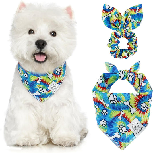 E-Clover Rainbow Dog Bandanas & Matching Scrunchie Set Girl Cute Pride Dog Scarf Bibs Pet Bandana with Bow Tie for Small Dogs Puppy Owner Mom Spring