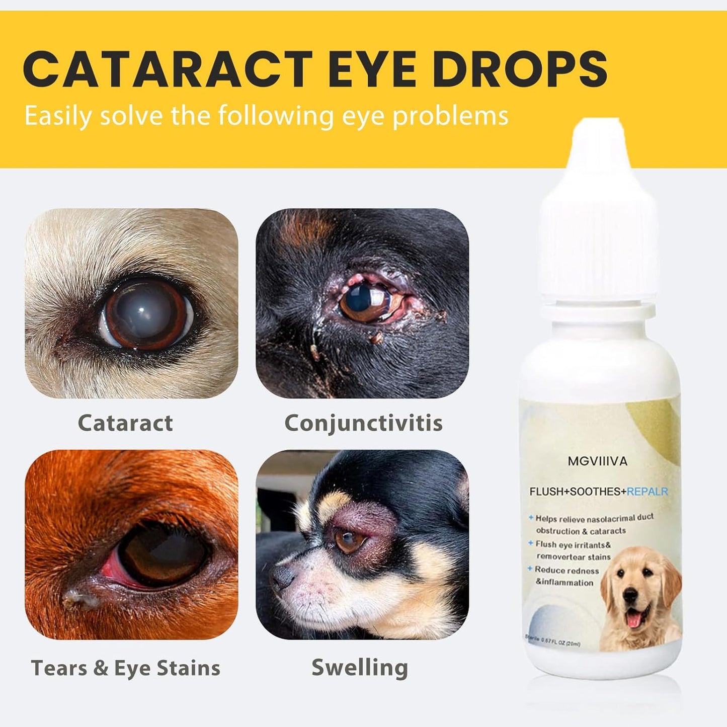 Eye Drops for Dogs, Cataract Dog Eye Drops for Relieving Itching and Irritation, Dog Eye Infection Treatment, Eye Drops for Dogs & Cats Removing Eye Dryness Pink Eyes Tear Stain Cleaner 2x20 mL