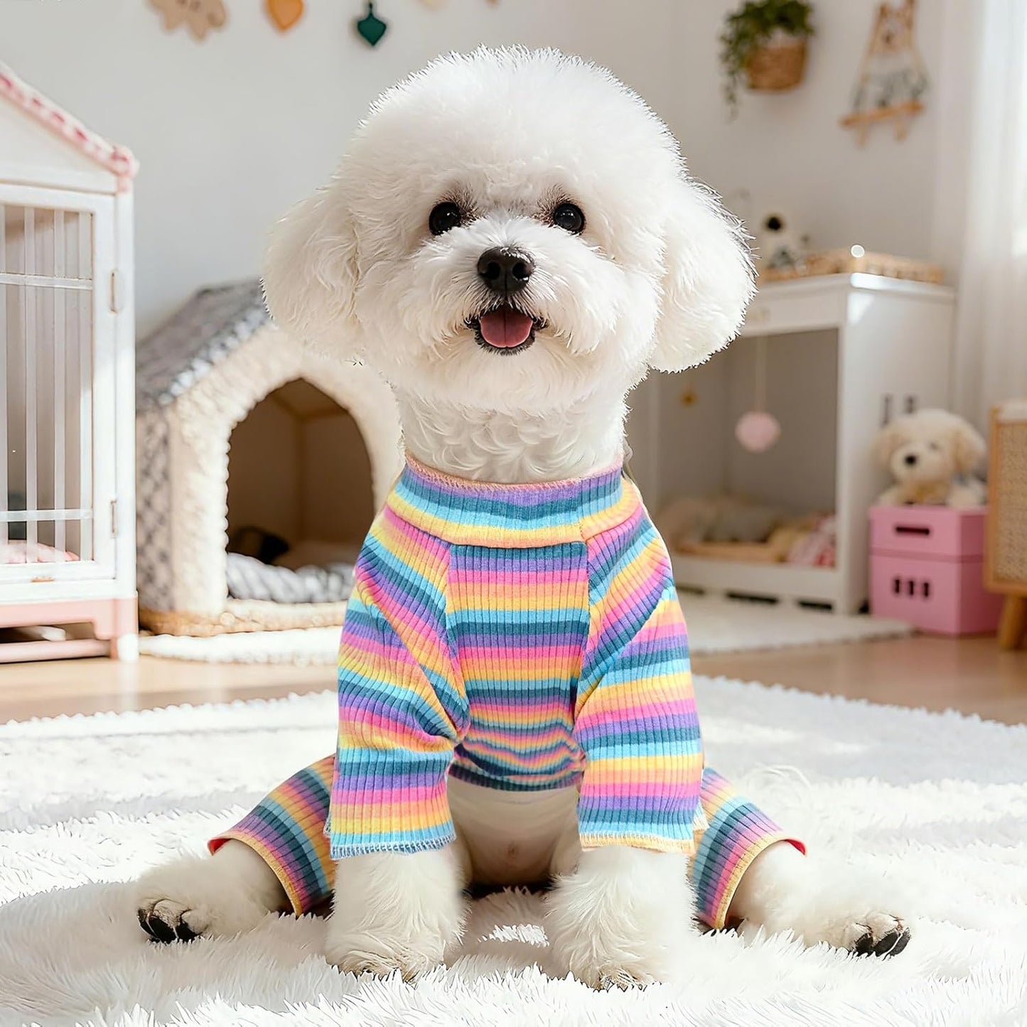 BAEJMJK Striped Dog Pajamas Stretchy Cute Four-Legged Boy Girl Dog Clothes with Sleeves Comfortable Dogs Jumpsuit Colorful Pet Puppy Outfits Apparel for Small Medium Dogs Cats(Pink,Pink,X-Small)