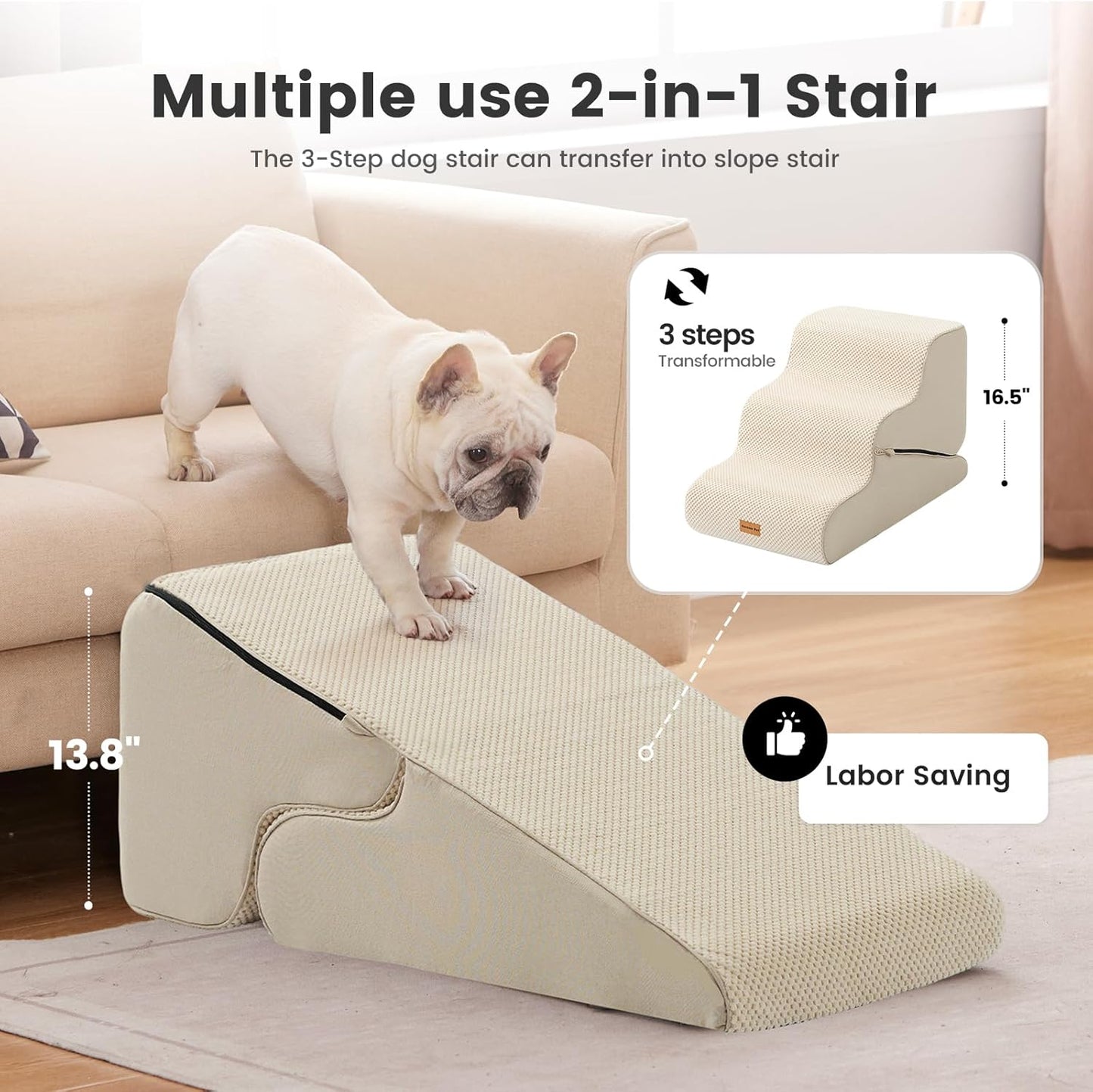 Gardner Pet Dog Stairs for Small Dogs 16.5" H, 2 in 1 Transformable 3-Step Pet Stairs and Dog Ramp for Couch (13-20 in), Beige Adjustable Pet Steps with Non-Slip Waterproof Cover and CertiPUR-US Foam