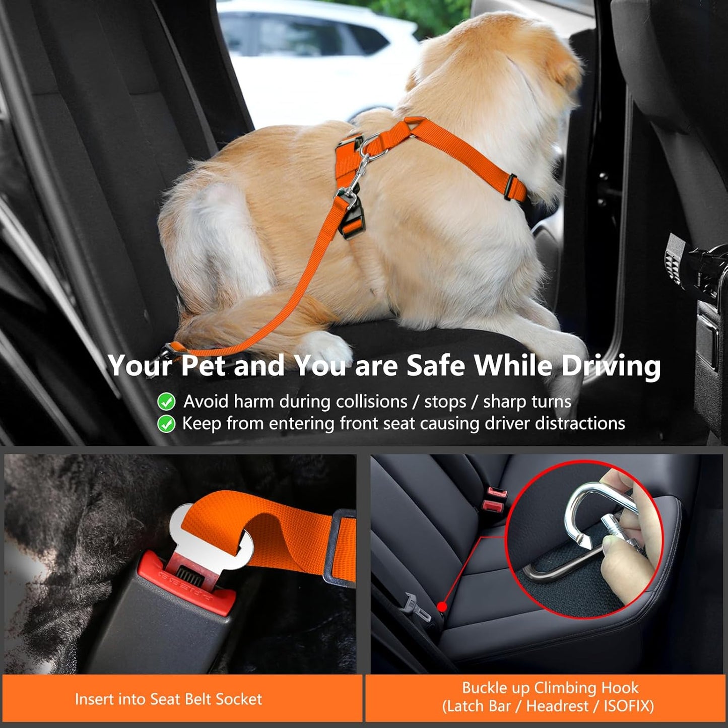 Dog Seat Belt, Safety Vest Dog Car Harness with Adjustable Buckle Dog Seat Belt for Vehicle Nylon Pet Safety Seat Belts Heavy Duty(XL, Orange)