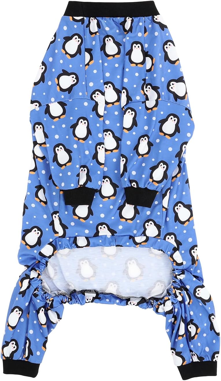 HDE Dog Pajamas One Piece Jammies Jumpsuit Pet Clothes Outfit Stretchy Lightweight Comfy Shirt Pjs for M-3XL Dogs Penguin Polka Dots - XL