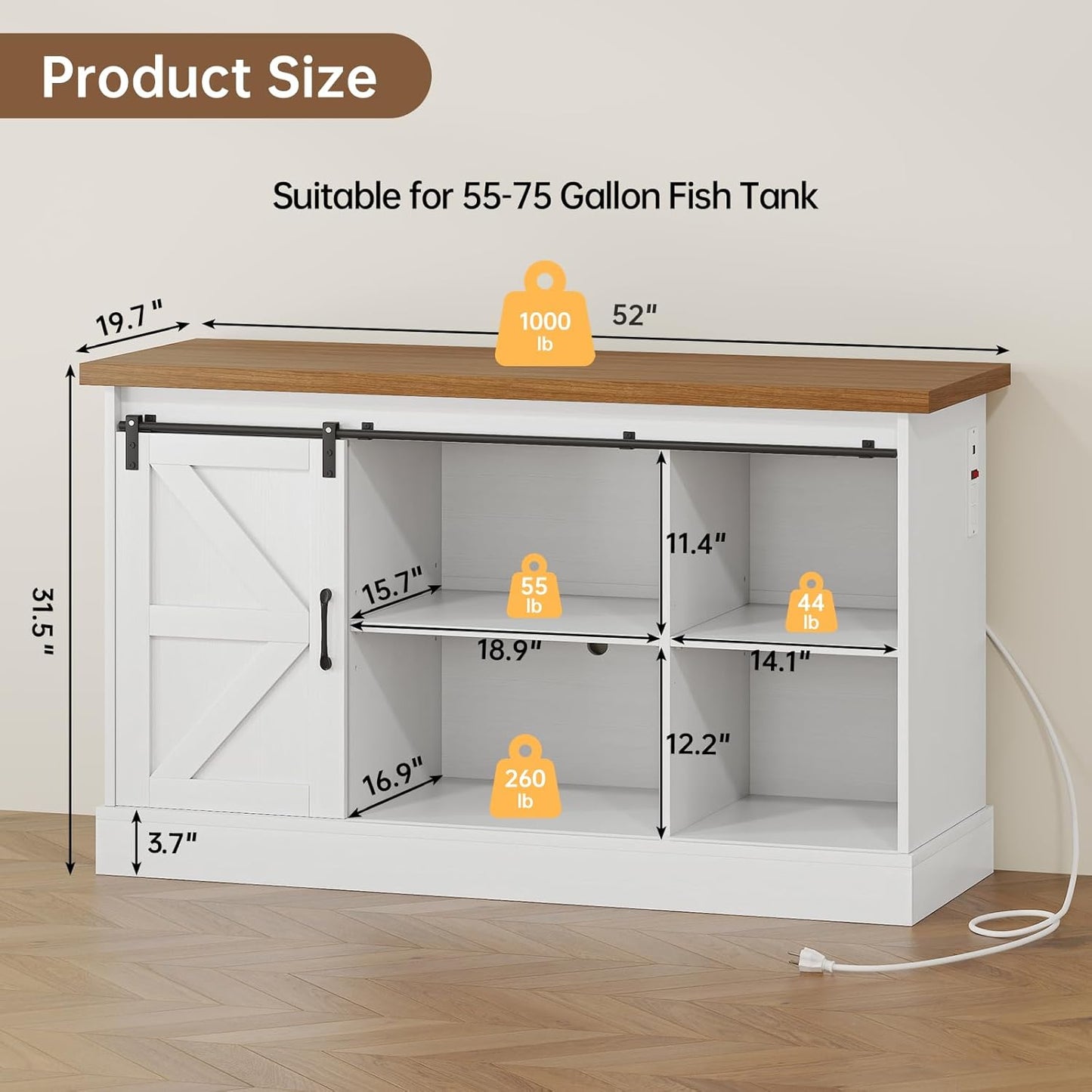 55-75 Gallon Fish Tank Stand with Sliding Barn Doors & Power Outlet, Heavy Duty Aquarium Stand with Cabinet Storage for Fish Tank, Turtle Tank, Reptile Terrarium, 1000LBS Capacity, White