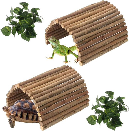 Hamiledyi 2 PCS Extra Large Wooden Reptile Hideout Bearded Dragon Bendy Bridge Climbing Ladder Hiding Hut Reptiles Hide Cave Habitat Decor for Lizards Gecko Spiders Snakes Tortoise(20" x 11.8")