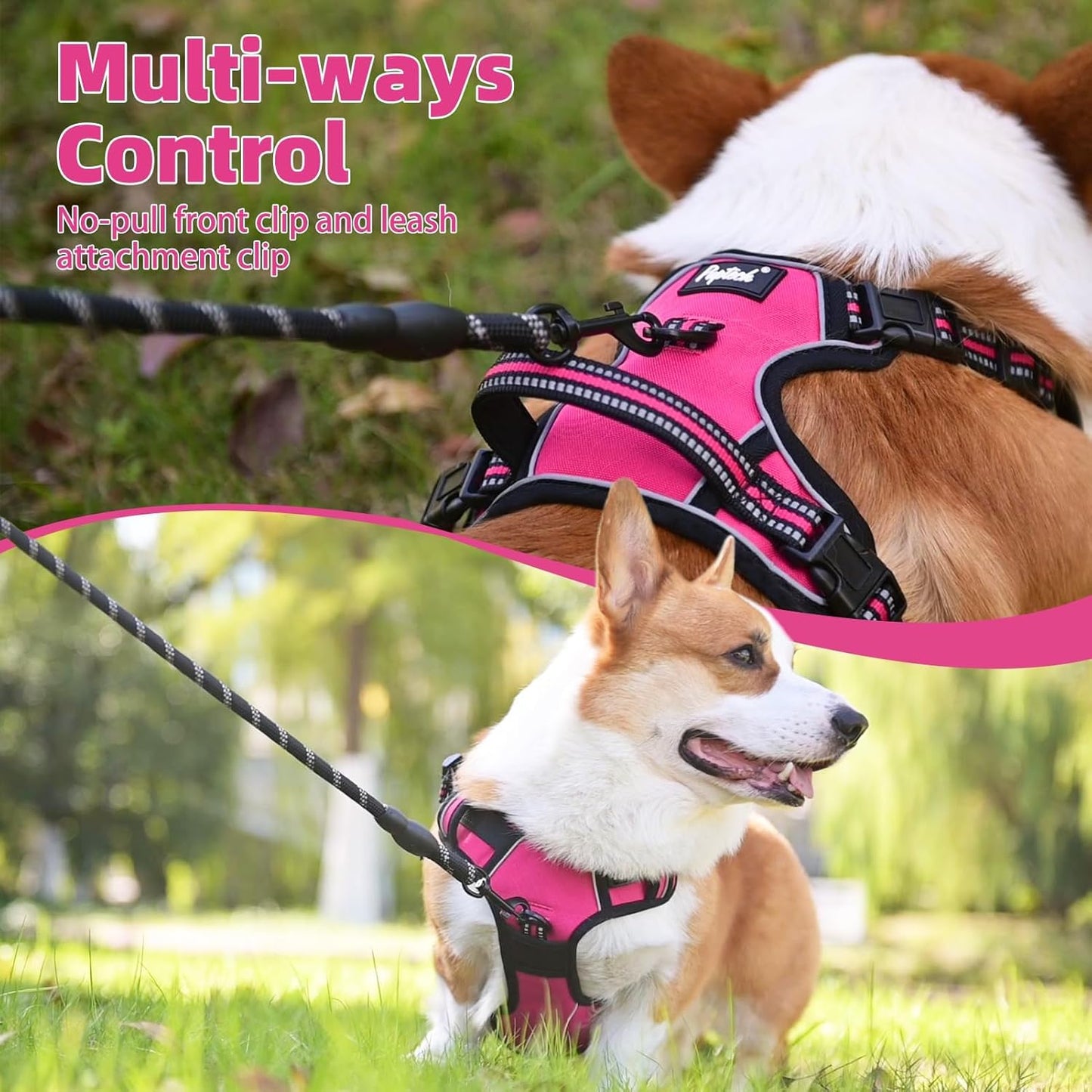 PUPTECK No Pull Dog Harness for Large, Adjustable Reflective Dog Harness with Handle Easy Control, Comfortable Soft Padded Pet Vest Harness for Large Dogs, Fuschia L