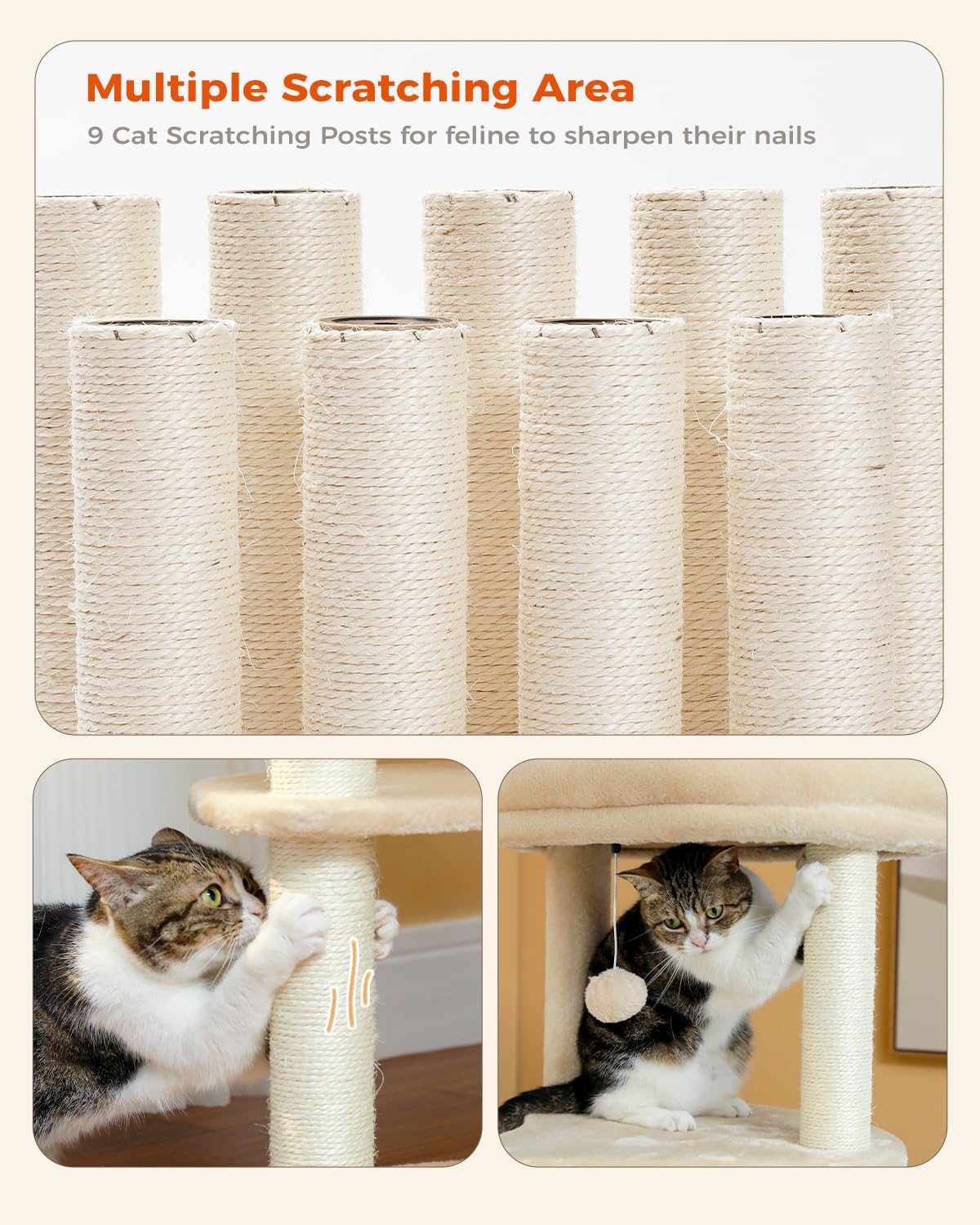 PETEPELA 61" Cat Tree for Indoor Cats, [6-Levels] Cat Climbing Tower with 9 Sisal Scratching Posts and Replaceable Dangling Ball &Top Perch, Beige