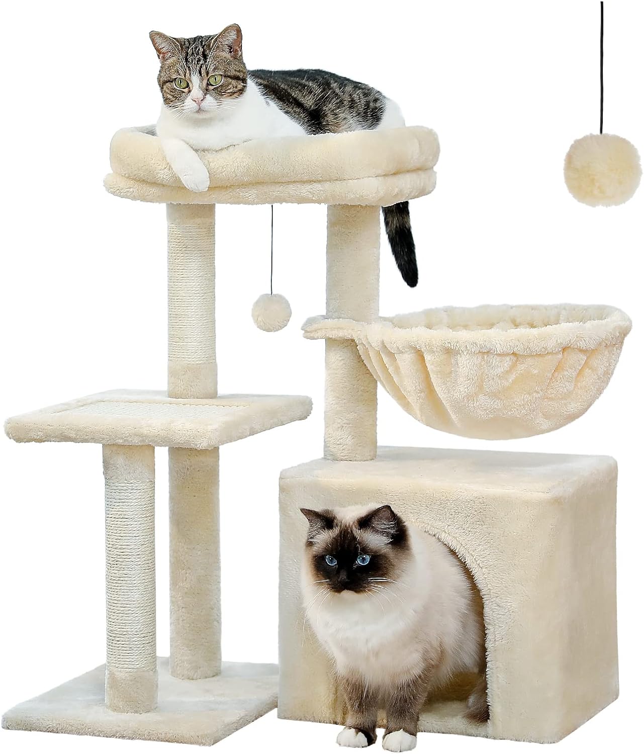 PEQULTI Small Cat Tree, [28.5''] Cat Tower for Indoor Cats, 2 Styles Activity Tree with Cat Scratching Posts, Big Hammock and Removable Top Perch Beige