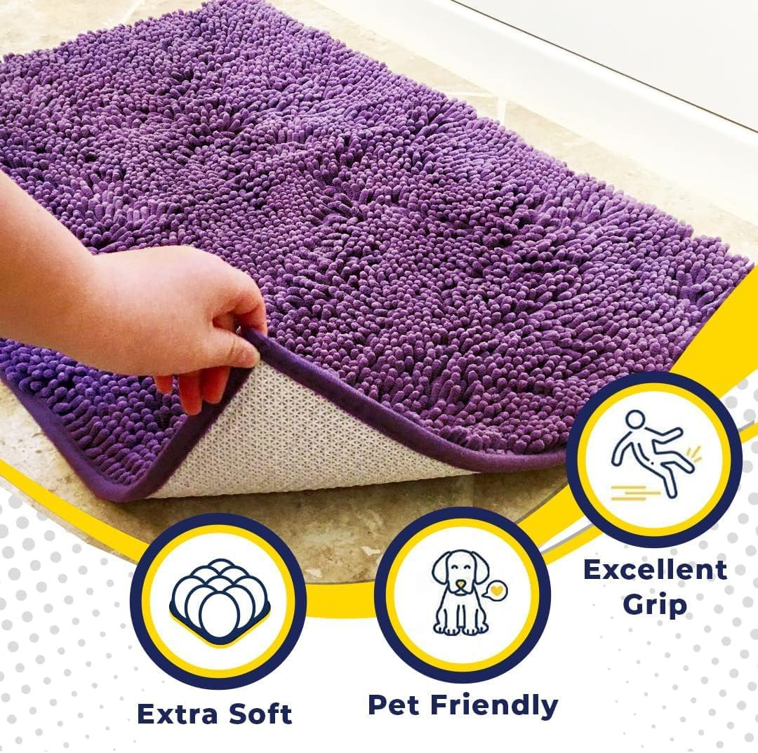 Muddy Mat® AS-SEEN-ON-TV Highly Absorbent Microfiber Door Mat and Pet Rug, Non Slip Thick Washable Area and Bath Mat Soft Chenille for Kitchen Bathroom Bedroom Indoor and Outdoor - Purple 24" x 96"