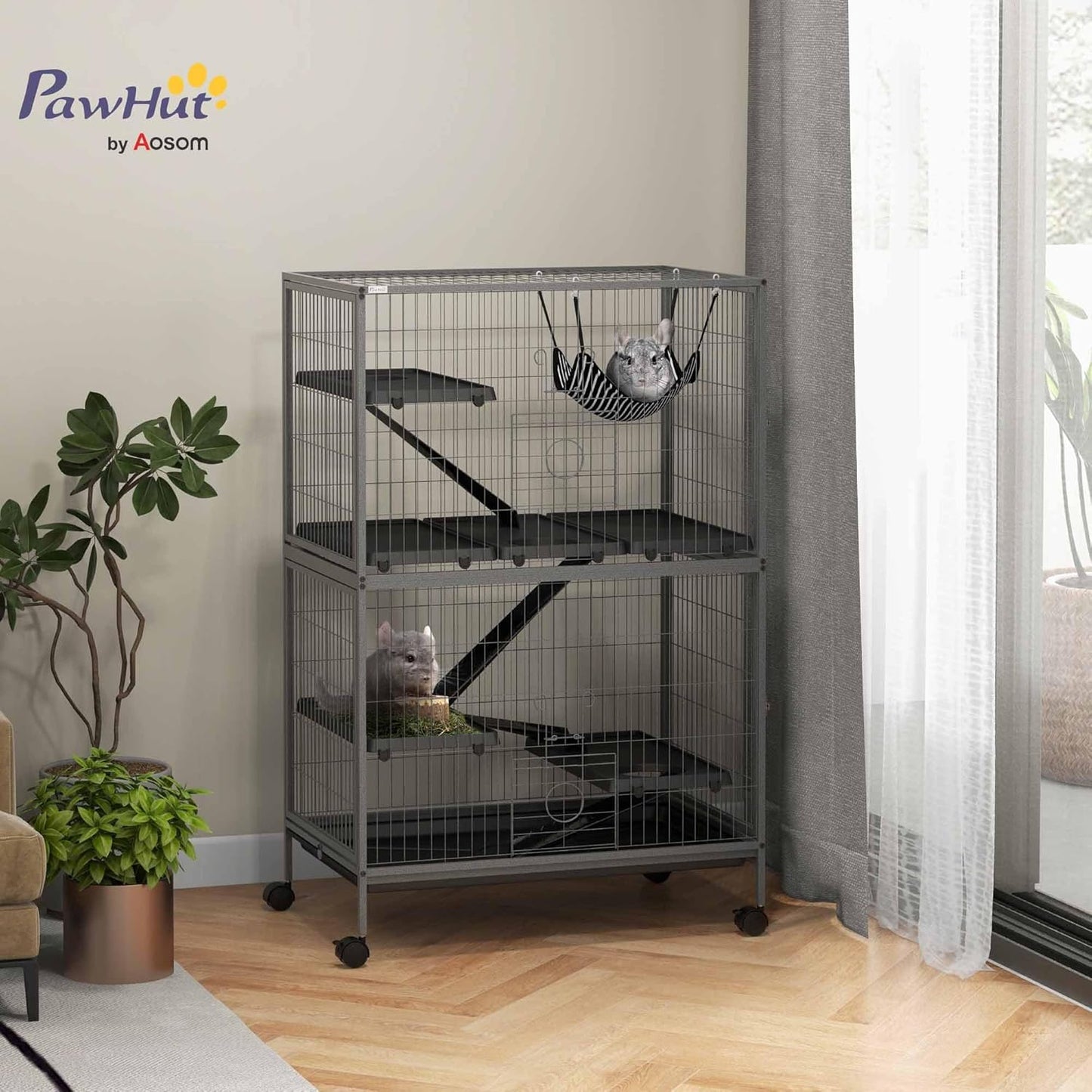 PawHut 50" 5-Tier Small Animal Cage, Ferret Cage, Large Chinchilla Cage with Hammock Accessory & Heavy-Duty Steel Wire, Small Animal Habitat with 4 Doors, Removable Tray, Gray