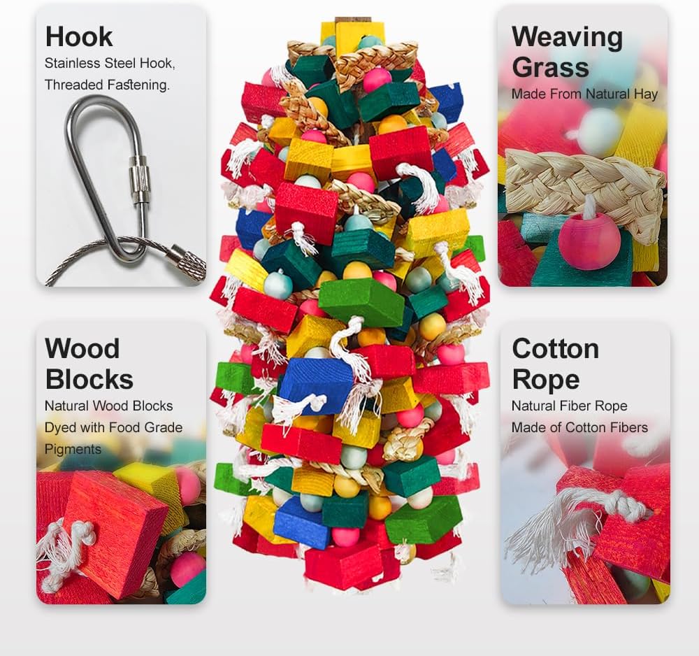 Extra Large Bird Toys for Macaws Cockatoos Amazons Chew - Natural Wood Parrot Chewing Toy with Foraging, Bird Cage Activity Center
