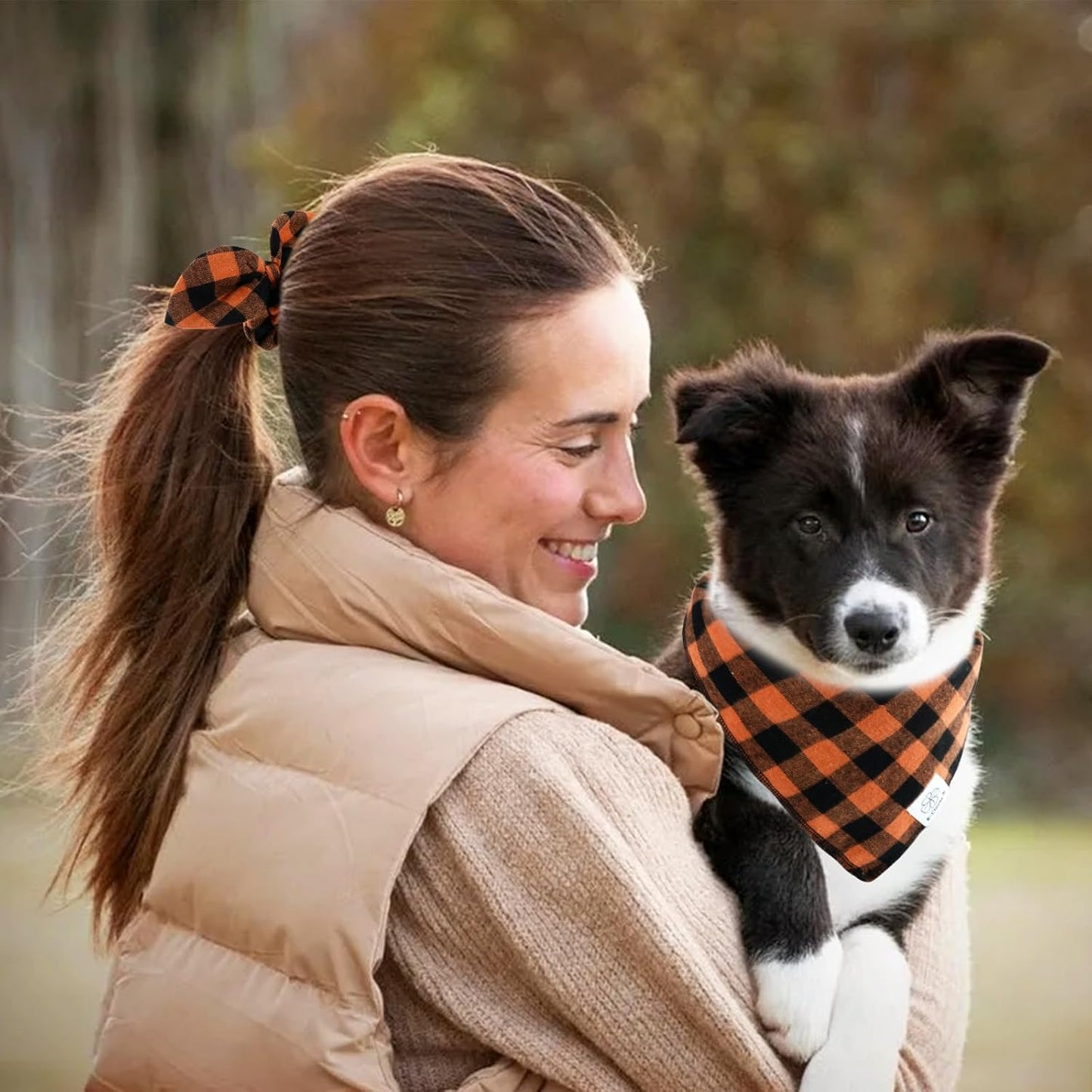 E-Clover Fall Dog Bandana & Matching Scrunchie-Orange Black Dog Bandanas Plaid Pet Scarf Bib for Small Dogs Puppy Girl Boy Owner Gift Orange