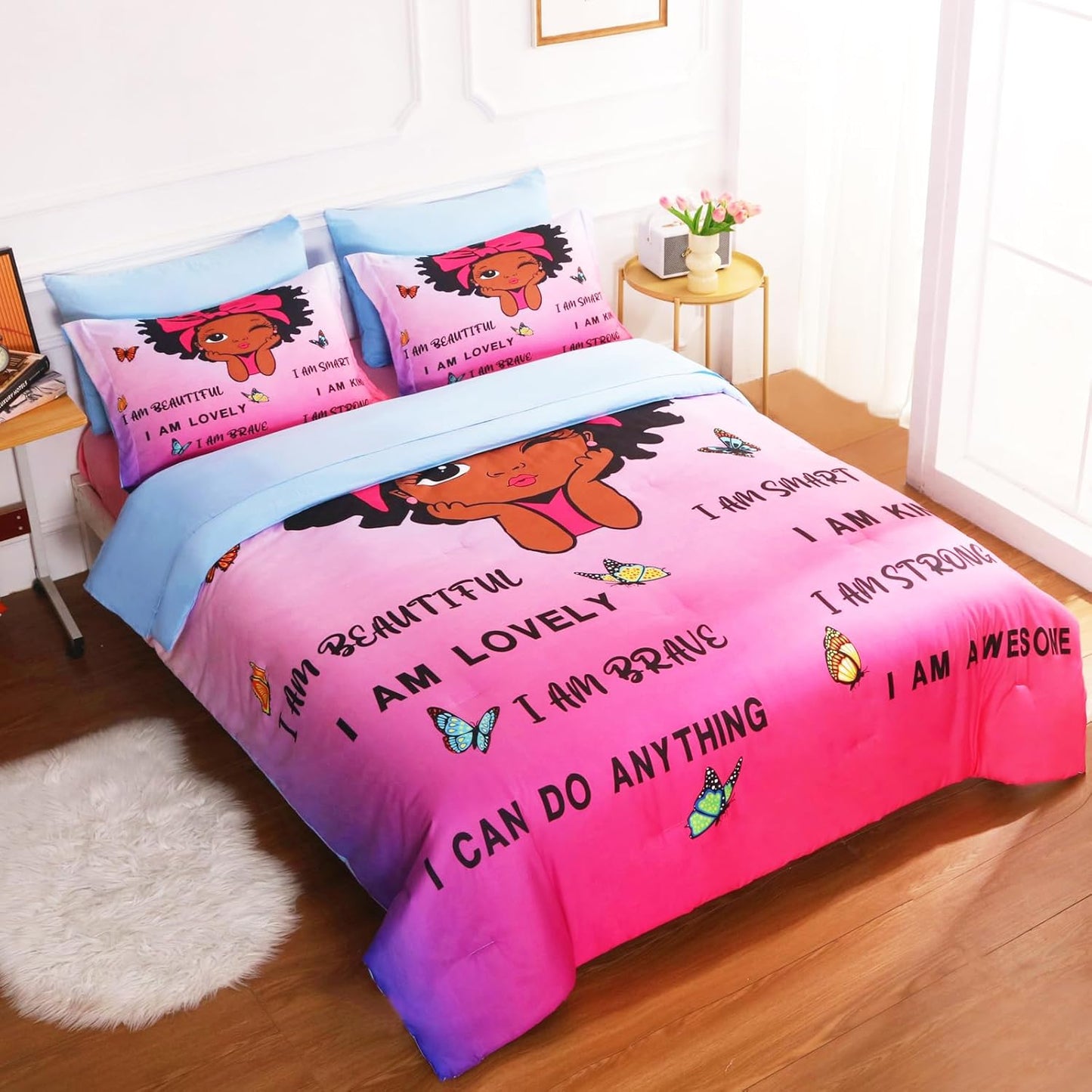 7 Piece Black Girls Magic Comforter Set Twin Size African American Girl Bedding Sets Bed in A Bag for Kids Teens Inspirational Quotes Pink Blue Quilt Room Decor