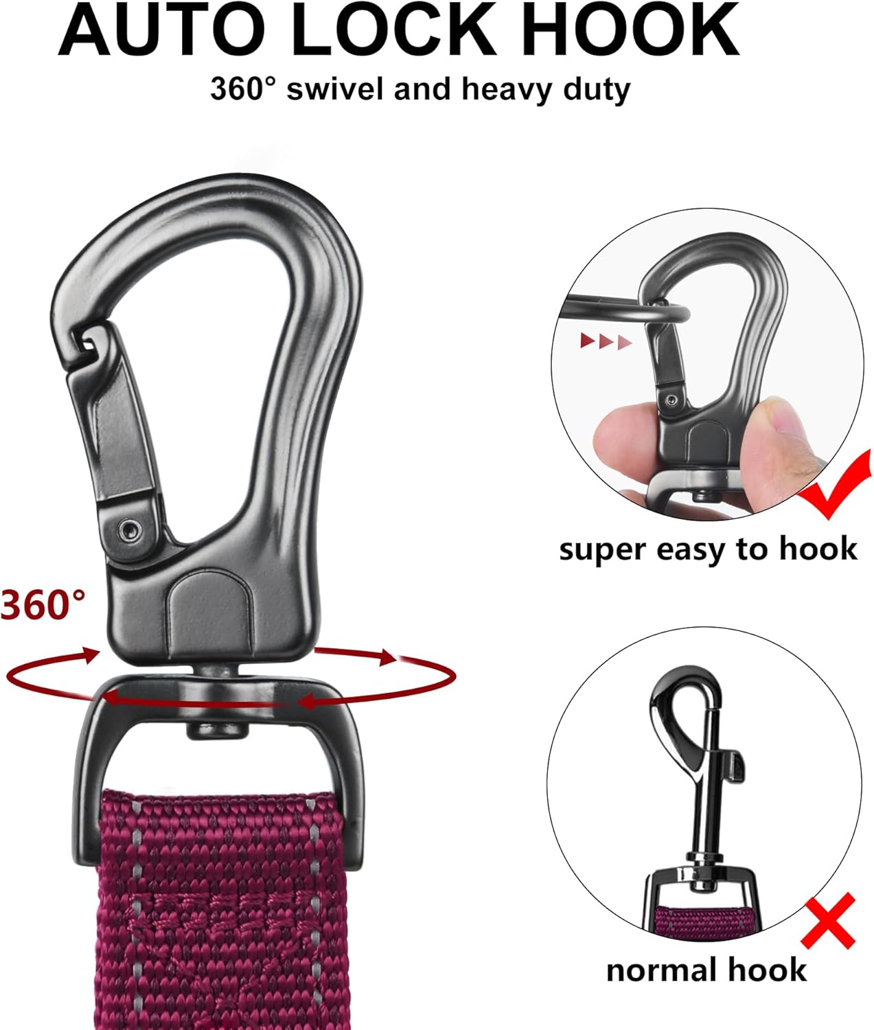 TwoEar 5FT 1IN Strong Rose Dog Leash with 2 Padded Handles, Traffic Handle Extra Control, Comfortable Soft Dual Handle, Auto Lock Hook, Reflective Walking Lead for Small Medium and Large Dogs