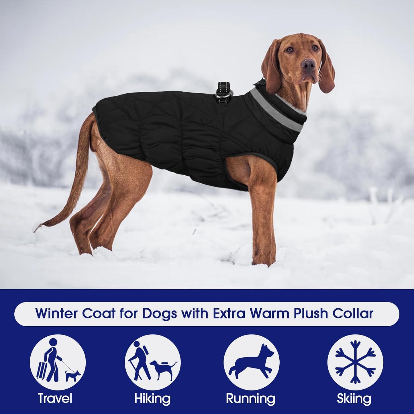 FUAMEY Dog Coat for Large Dogs,Waterproof Dog Winter Jacket with Harness Built in Puppy Cold Weather Coats Reflective Pet Vest with Zipper Warm Fleece Dogs Snowsuit Windproof Solid Black 3XL