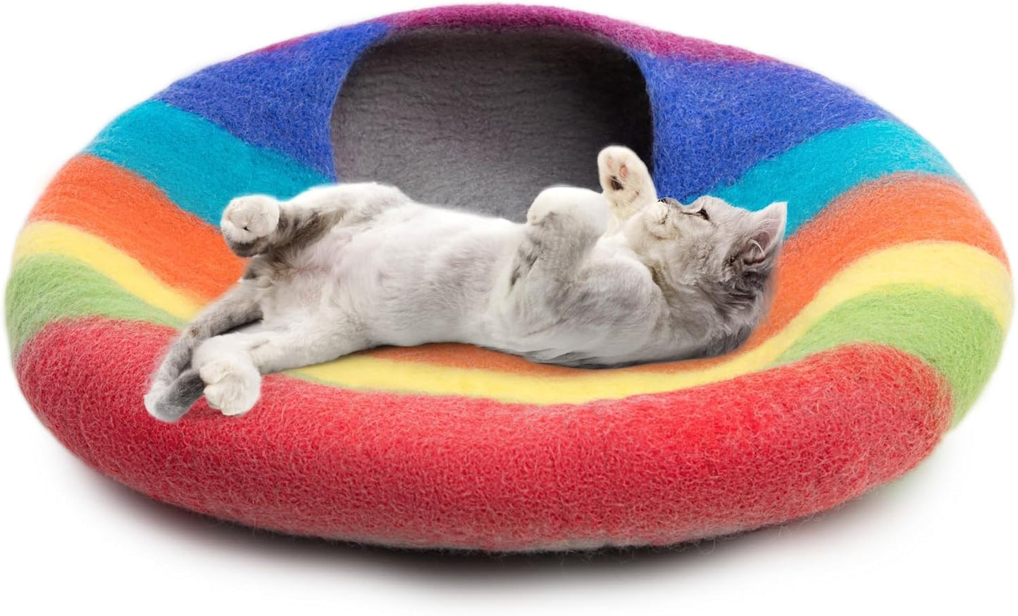 Woolygon Premium Felt Cat Cave Bed – Wool Kitty Beds Handcrafted Kitten Caves Bed for Indoor Cats - Made from 100% Eco-Friendly Merino Wool, Foldable Cat Hidewawy Covered Cat House Pod (Rainbow Twist)
