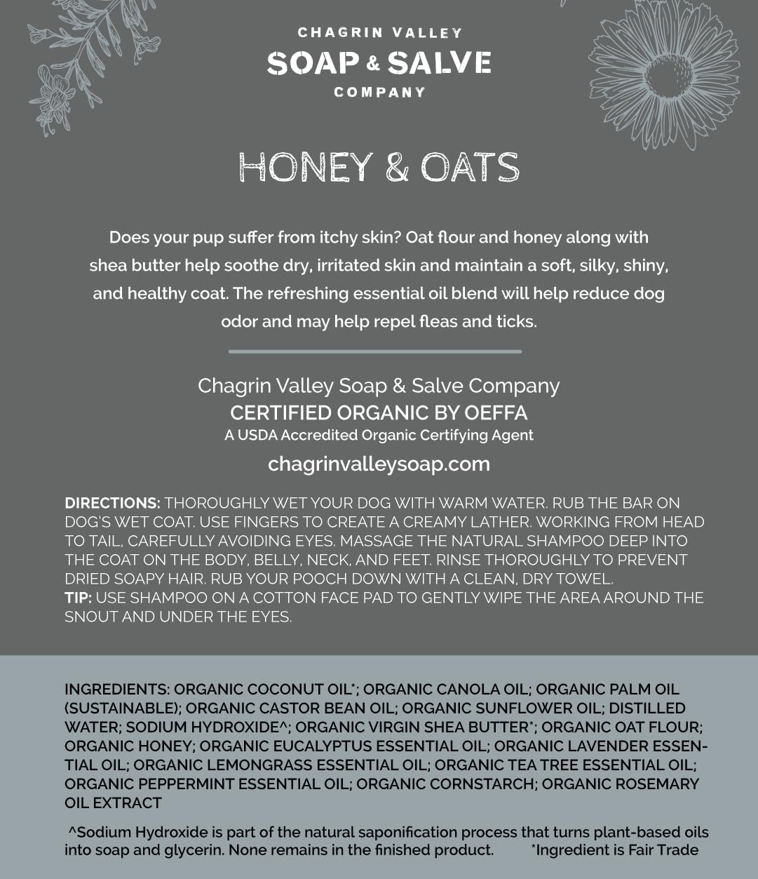 Chagrin Valley Soap & Salve Certified Organic Dog Shampoo and Conditioner – Puppy Shampoo Itchy Skin Relief and Puppy Essentials - Natural Handmade Honey & Oats, 3.8 oz Bar Soap