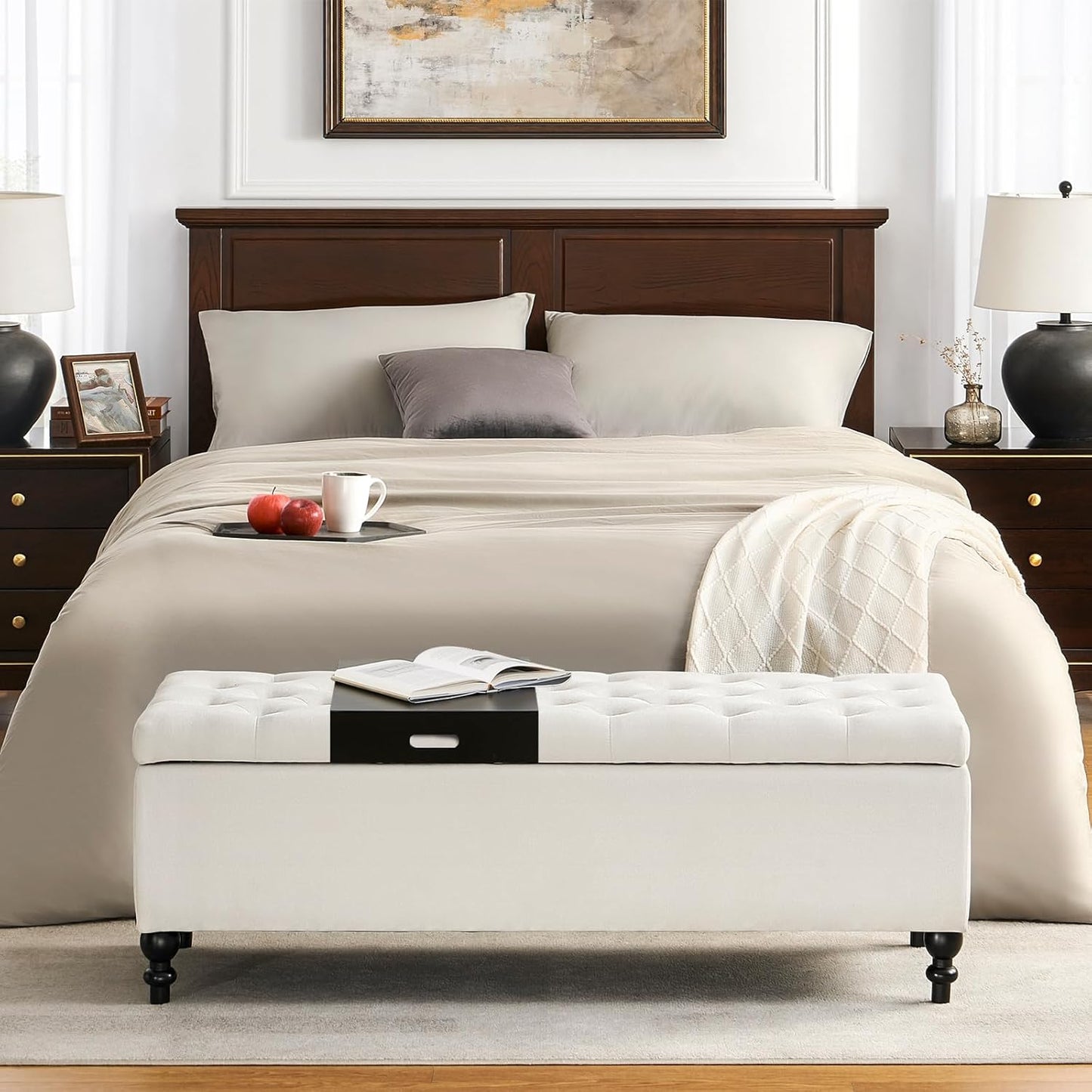 Ottoman with Storage,50.2-inch Upholstered End of Bed Storage Bench for Bedroom,for The Living Room,for Entryway, with Tray & Button and Safety Hinges,Detachable (White)