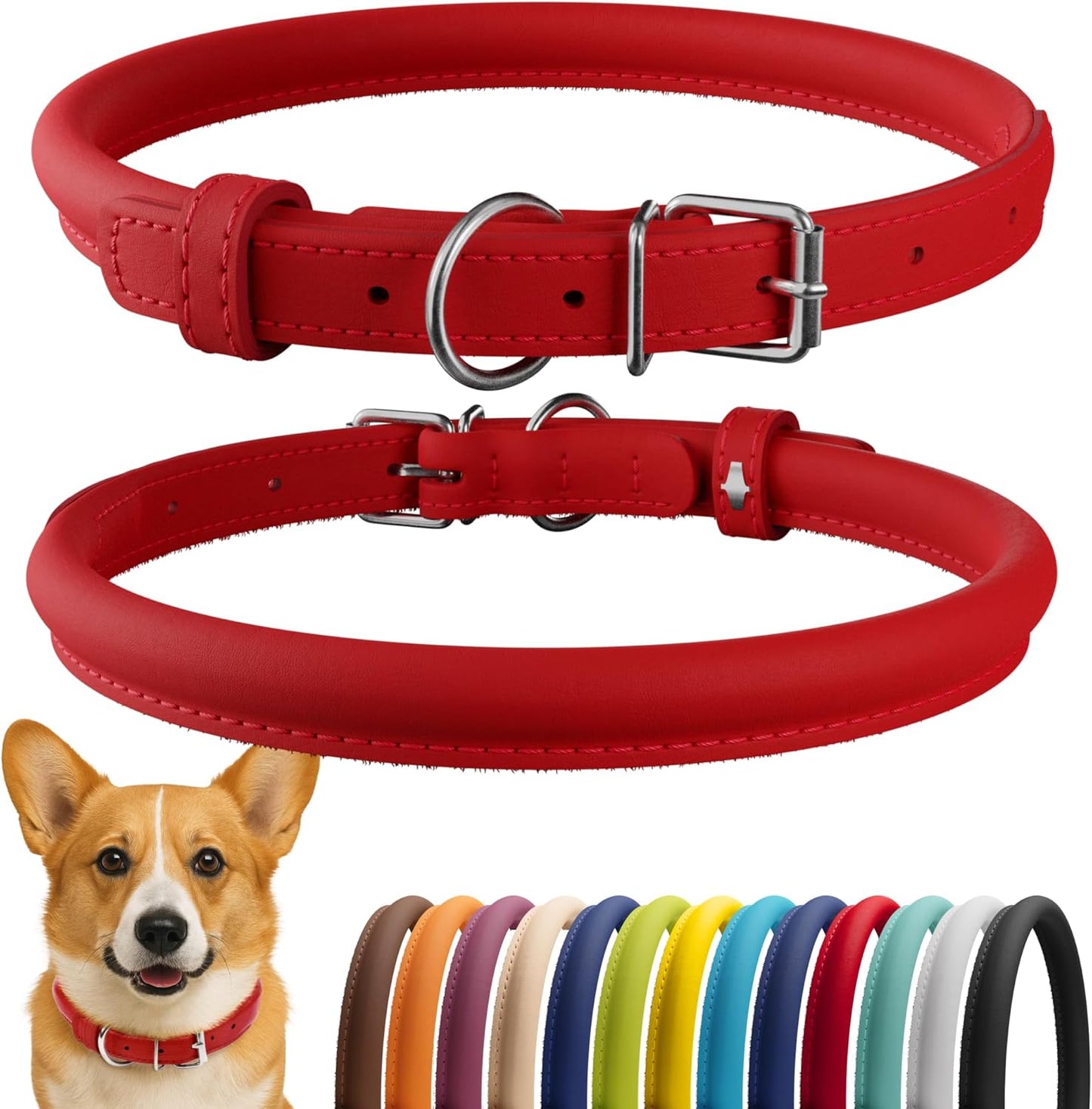 CollarDirect Rolled Leather Dog Collar, Soft Padded Round Puppy Collar, Handmade Genuine Leather Collar Dog Small Large Cat Collars 13 Colors (13-16 Inch, Red Smooth)
