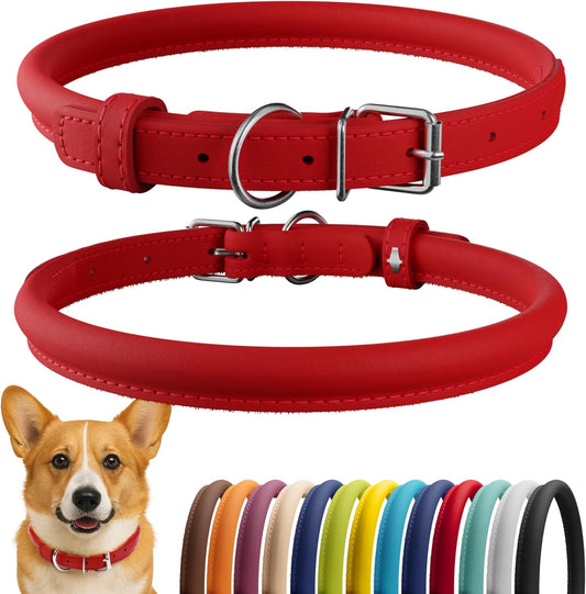 CollarDirect Rolled Leather Dog Collar, Soft Padded Round Puppy Collar, Handmade Genuine Leather Collar Dog Small Large Cat Collars 13 Colors (11-14 Inch, Red Smooth)