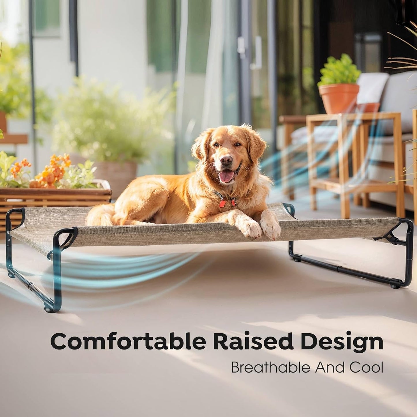Veehoo Original Outdoor Elevated Dog Bed, Cooling Raised Dog Cot for Large Dogs, Portable Standing Pet Hammock Platform with Washable Breathable Mesh, No-Slip Feet, XX-Large, Beige Coffee, CWC2201