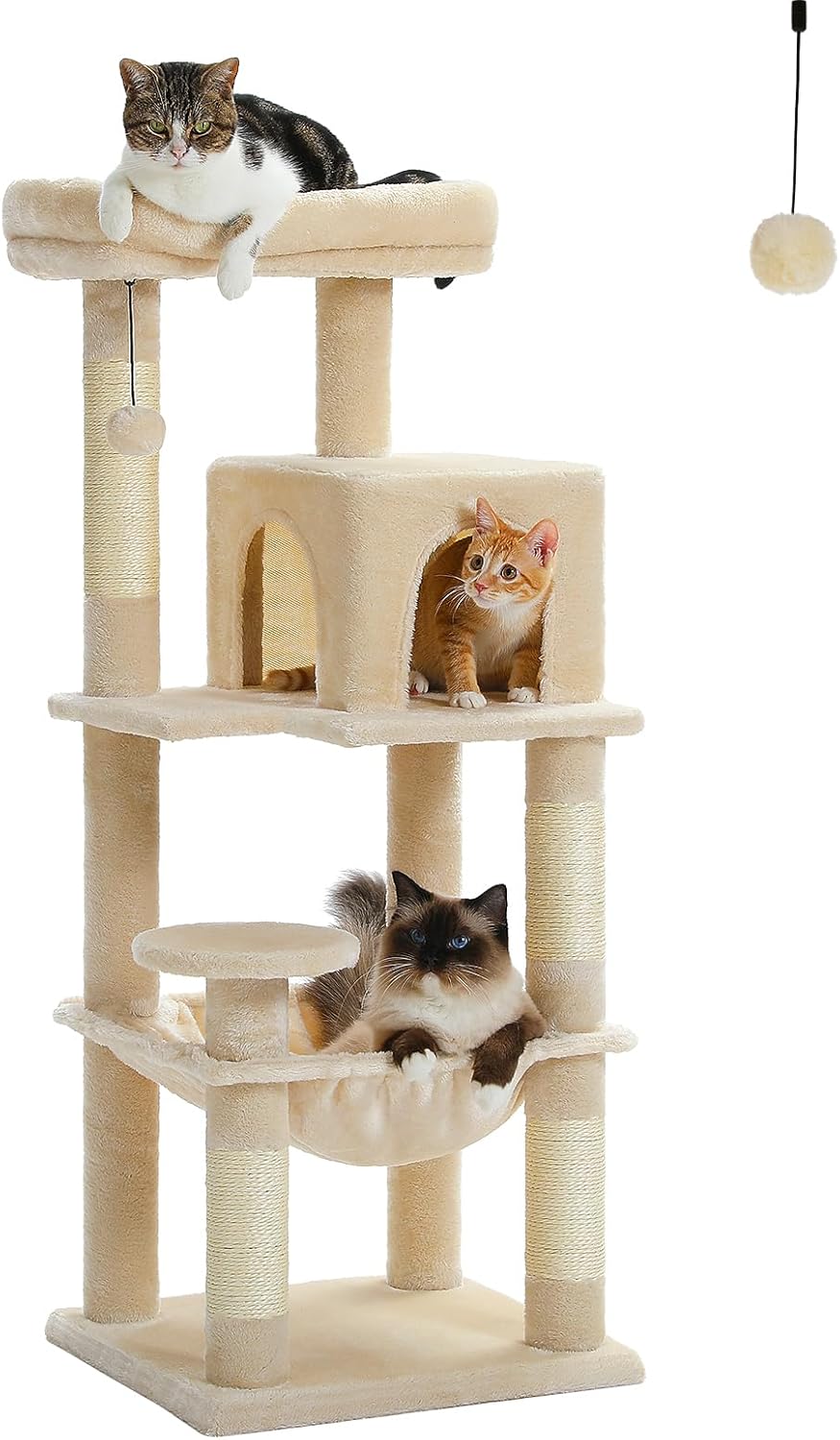 PETEPELA 45.7" Cat Tree for Indoor Cats, 5-Level Cat Tower for Large Cats with Metal Frame Large Hammock (17.3"x15.3"), Cat Condo with (18.5"x13") Big Top Perch & 4 Sisal Covered Scratching Post Beige