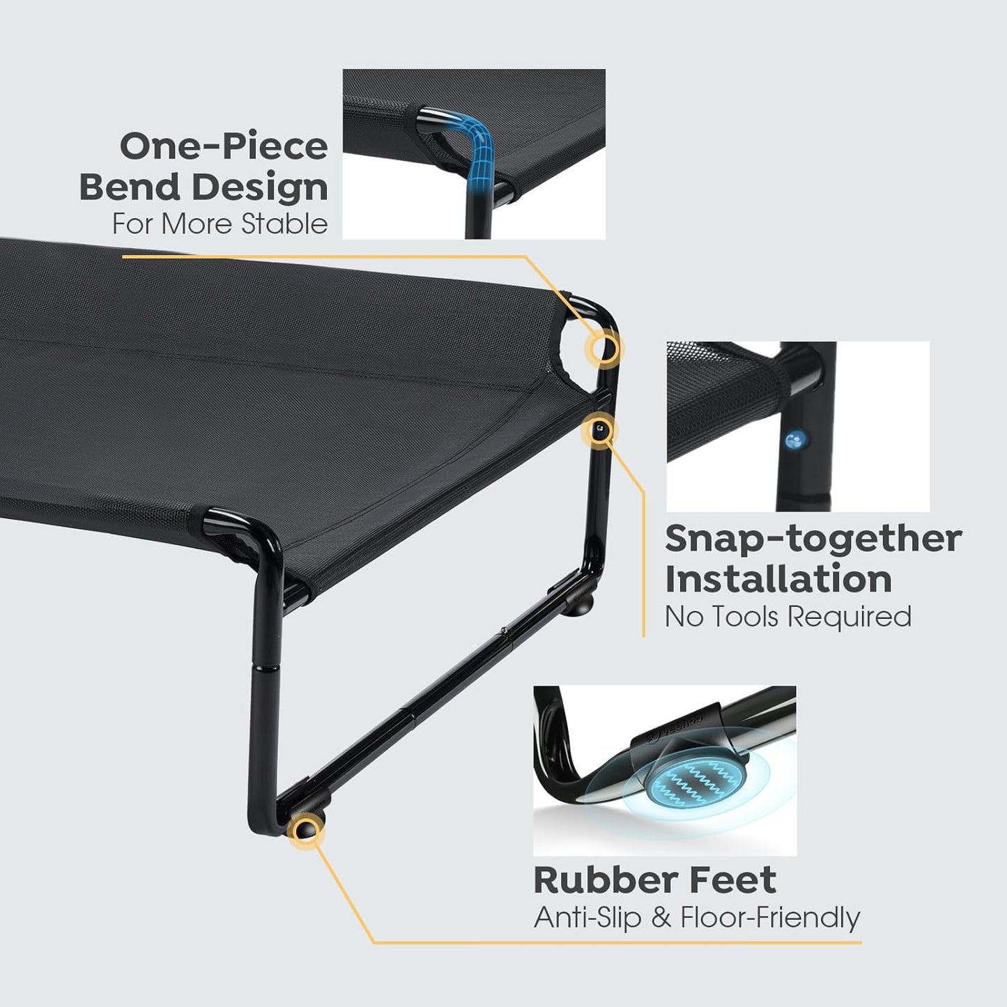 Veehoo Original Outdoor Elevated Dog Bed, Cooling Raised Dog Cot for Large Dogs, Portable Standing Pet Hammock Platform with Washable Breathable Mesh, No-Slip Feet, 35.5" x 25.5", Black