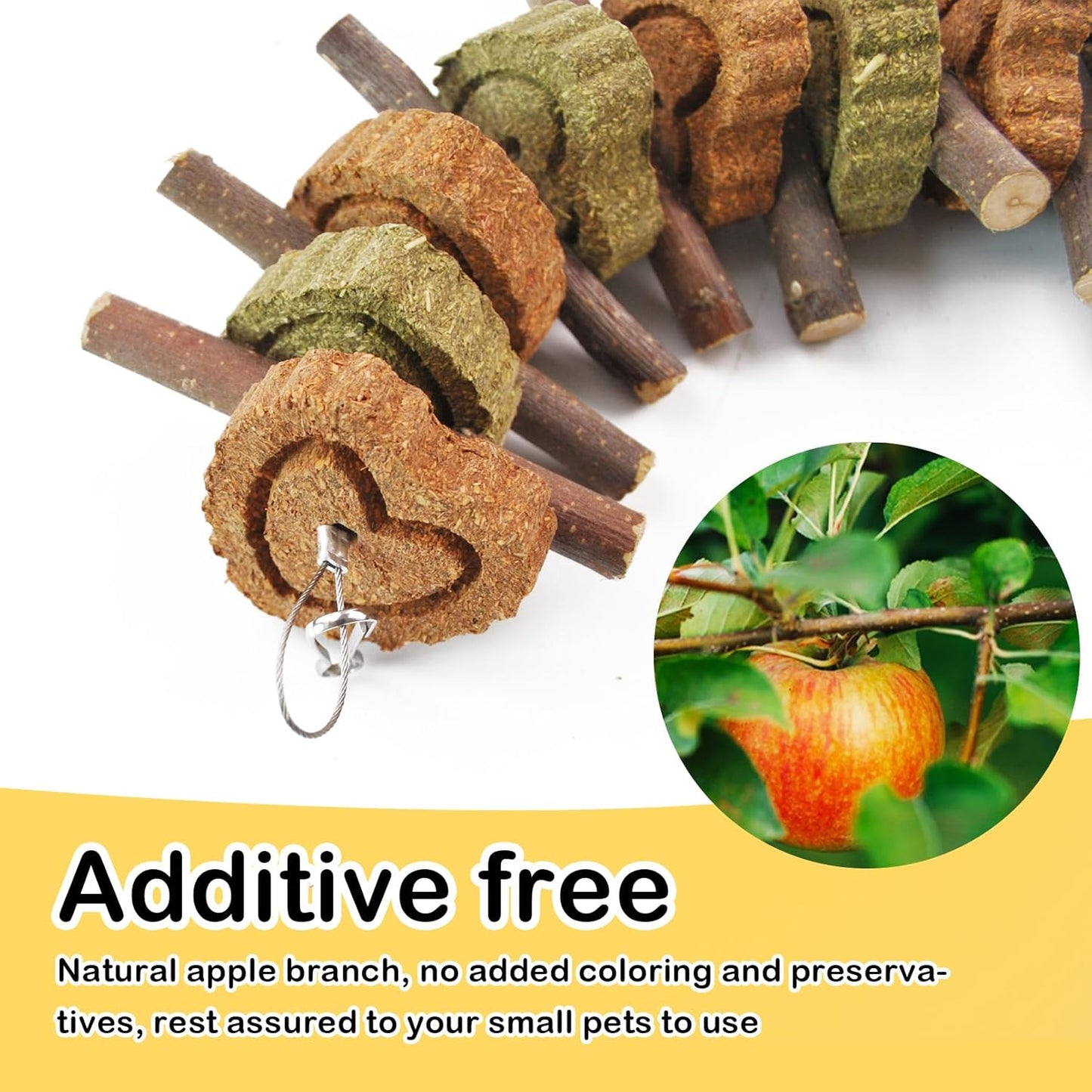 Rabbit Chew Toy,Bunny Chew Toys for Teeth Grinding,Natural Apple Branch Teething Sticks with Hay Grass Cake Improve Dental Health Bunny Hanging Chew Toys for Rabbits,Chinchillas,Hamster (4 Pcs)