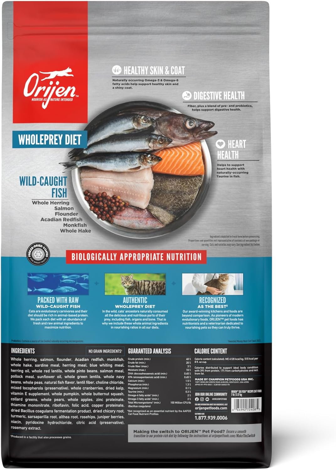 ORIJEN Grain Free High Protein Premium Dry Cat Food Six Fish Recipe 7lb Bag