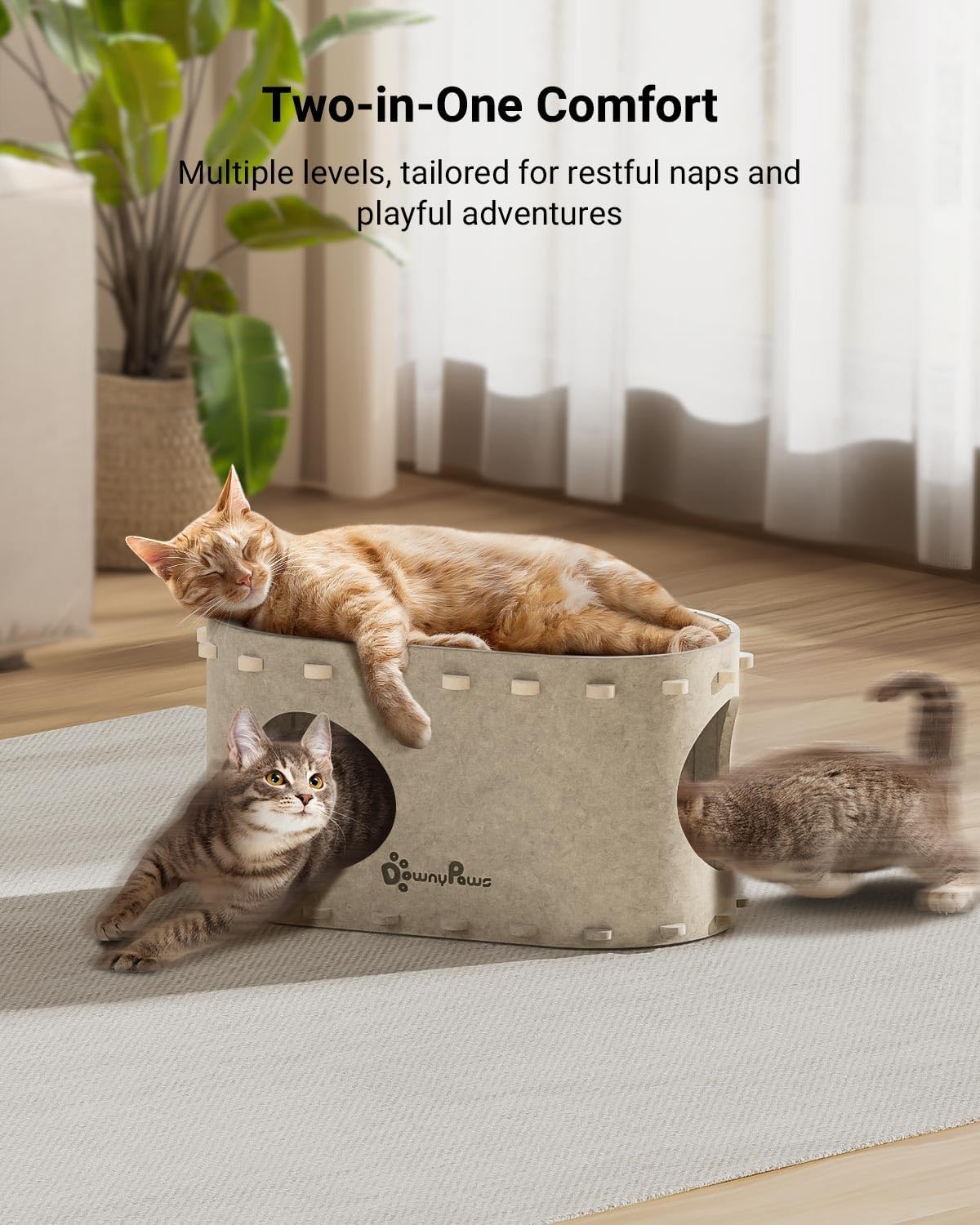 DownyPaws Cat House for Indoor Cats, Cat Bed Cave for Multiple & Large Cats Up to 22 Lbs, Scratch Resistant, Foldable Peekaboo Kitten Caves Tunnel Enclosed Bed, PeekaPurr, Cream