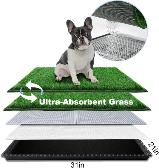 Dog Grass Pad with Tray Medium 31”×21”, Dog Potty with Ultra-Absorbent Artificial Grass for Dogs with Hemmed Edge, Pee Pads for Dogs, Realistic, Odor Free, Litter Box for Balcony
