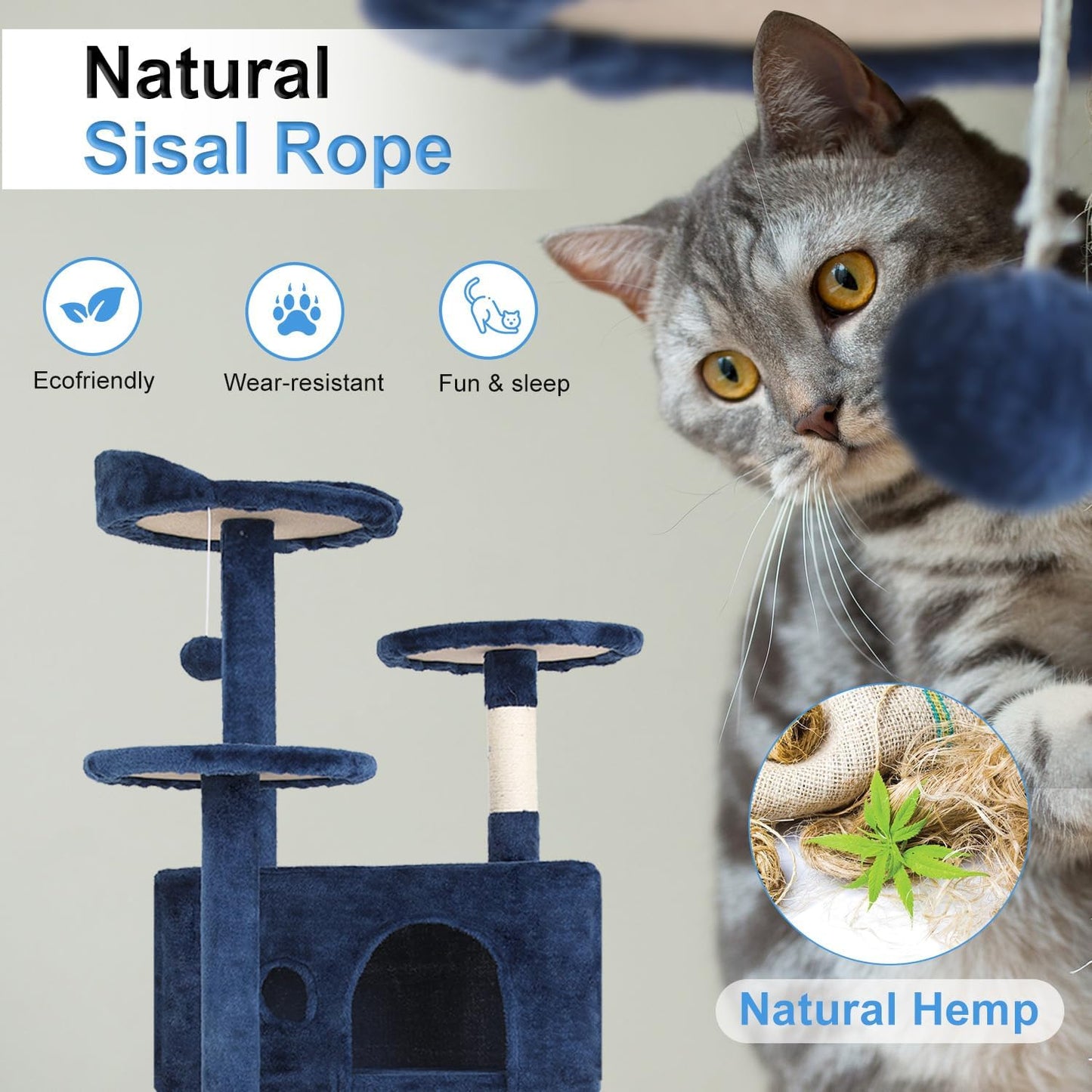 FDW Cat Tree 54in Cat Tower Multi-Level Durable Cat Scratching Post & Cozy Fun Cat Jumping Platform Space Saving Cat Condo Pet Play House for Indoor Cats,Navy Blue