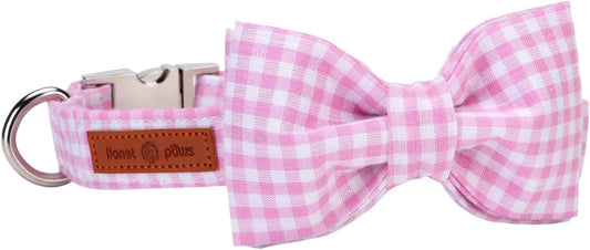 Lionet Paws Dog Collar with Bowtie, Comfortable Adjustable Cute Pink Gingham Bow Tie Collar for Female Dogs Gift, XLarge, Neck 16-26 inches