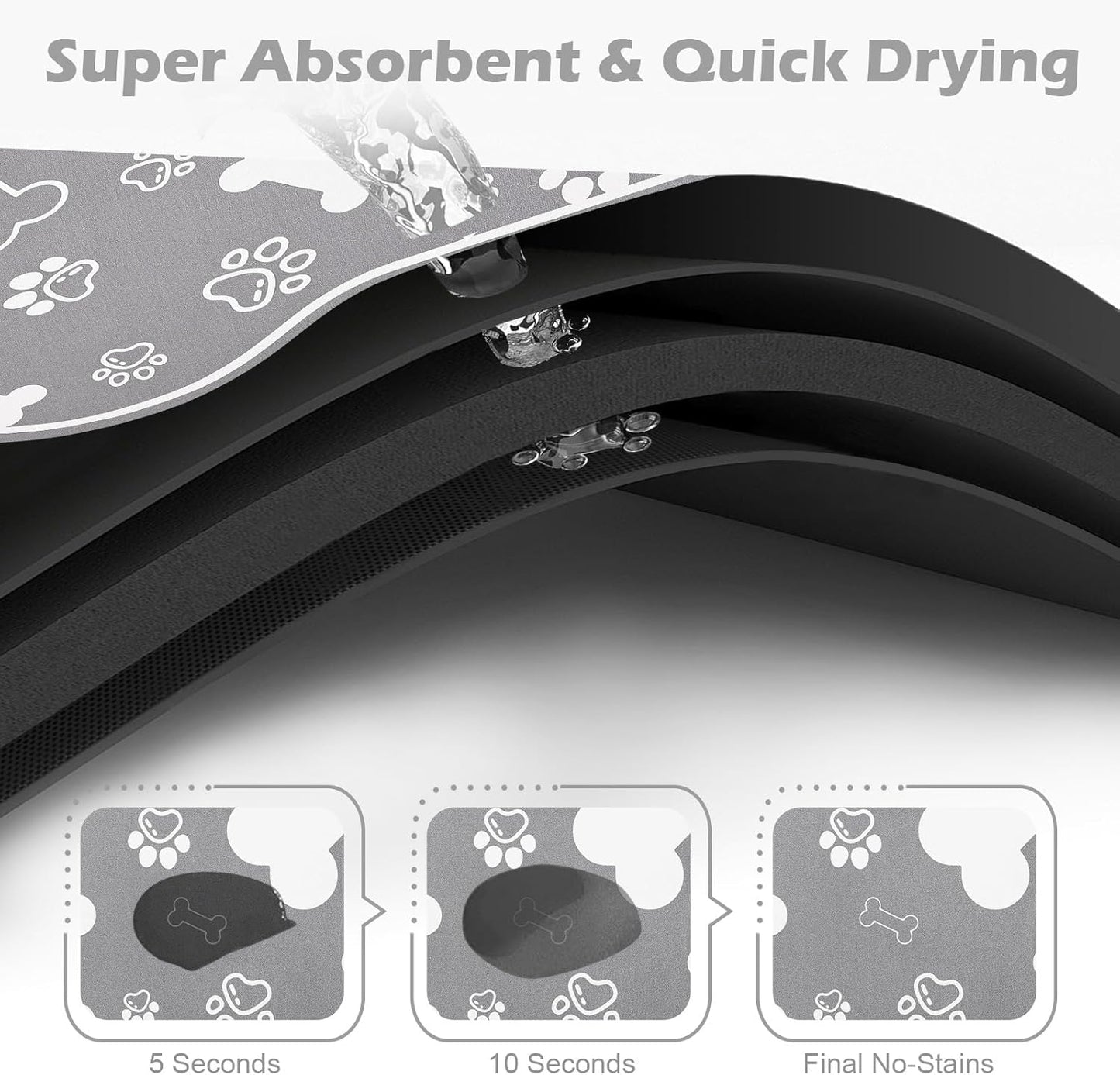 Dog Cat Food Mat,Rapid Absorbent Pet Feeding Mat, Bone Shaped Dog Placemat Water Bowl Mat with Rubber Backing,No Stains Dog Cat Food Mats Indoor, Pet Accessories Supplies 12"x18" Grey